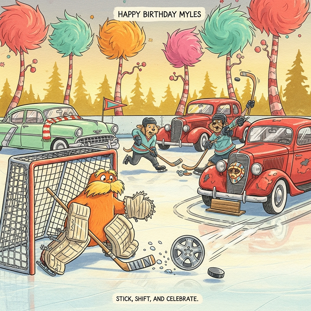 The Lorax , Hockey , Old cars, and Birthday Card