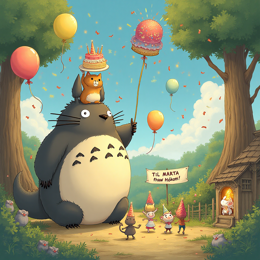 **Image Prompt:**

In a charming, hand-drawn illustration style, create a whimsical birthday scene that would feel right at home in a Studio Ghibli film. At the top, inscribe “생일 축하해, 사랑해” with elegant, whimsical letters that blend seamlessly into the magical atmosphere.

Picture a scene where an adorable Ghibli-inspired cat character gleefully rides on the back of a giant, fluffy Totoro. This Totoro, rather than wielding an umbrella, triumphantly holds a massive slice of cake overhead, as if it’s the most natural thing in the world. Meanwhile, high above, Haku in his majestic dragon form gracefully loops through the sky, trailing vibrant birthday balloons in his wake.

On the ground, a gathering of soot sprites, each donning tiny, colorful party hats, excitedly toss confetti crafted from shimmering candy wrappers. Nearby, the mischievous Yubaba peeks from a quaint window, holding a scroll that humorously questions, "You're HOW old?!"

The backdrop is a fantastical forest landscape, alive with vibrant colors and whimsical creatures. They dance and celebrate beneath floating lanterns that are ingeniously shaped like glowing birthday candles. Tucked subtly in a corner, a sparkly banner reads, "Til Marta fra Håkon!"—a personal touch nestled in the enchanting scene.
Generated with these themes: .
Made with ❤️ by AI.