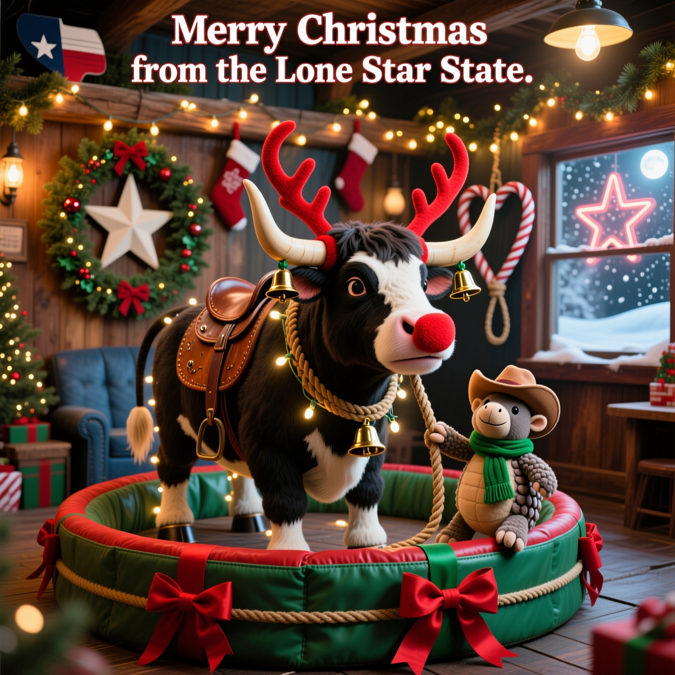 At the top of the Photorealistic picture taken from a camera image, "Merry Christmas from the Lone Star State"

Ultra-high-definition 4K UHD photograph with accurate lighting, lifelike textures, and rich depth of field. A cozy Texas honky-tonk interior at Christmas: the central focus is a festive mechanical bull styled like a friendly longhorn, wrapped in warm twinkle lights with plush reindeer antlers and a bright red Rudolph nose, jingle bells on the horn tips, and a worn leather saddle with braided rope. A tiny plush armadillo in a mini cowboy hat and green scarf clings to the rope for a cute, whimsical touch. The bull sits in a padded ring wrapped like a giant present (red-and-green ribbons and bows). Background: golden string lights and evergreen garlands, a big Texas-star wreath with holly, stockings on a barn beam, a lasso hanging in a heart shape, and a side window with soft snowfall and a faint neon star glow outside. Composition: low, slightly off-center angle that makes the bull’s friendly face the hero; cozy, cheerful mood. Lighting: warm 2700K bulbs with a cool moonlit rim from the window; natural shadows, gentle speculars on leather and brushed steel of the bull’s base. Color palette: candy-cane reds, pine greens, warm wood, denim blues. Camera details: full-frame 50mm lens, f/2.8, ISO 400, 1/200s; crisp subject focus with creamy bokeh; ultra-real textures (leather grain, faux fur, garland needles). No people.

Small, playful caption at the bottom in rope-lasso script, candy-cane red: "Sleigh bells & spurs!"
Generated with these themes: Mechanical bull, and .
Made with ❤️ by AI.
