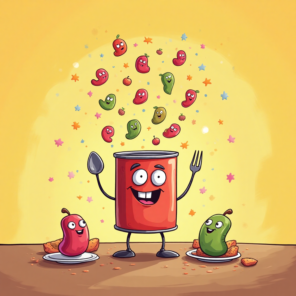 At the bottom of the Cartoon Style image, add the text: "Just a little small bean card for u".

---

Imagine a vibrant and playful scene set in a whimsical kitchen. In the center, there's an animated can of Branston beans, with a cheeky grin and big, expressive eyes. The can has arms and legs, standing triumphantly on a table surrounded by other cute kitchen items like a spoon and a plate, all with cartoonish faces and joyful expressions. 

Above the can, swirling like confetti, are colorful beans bouncing around, each with tiny smiles and winking eyes, as if they're dancing in celebration. The background is a warm, sunny yellow to enhance the cheerful mood, and there are sprinkles of cartoon stars and hearts scattered around, adding a magical touch.

This vibrant image captures the spirit of gratitude in a delightful and lighthearted way, perfect for a thank-you greeting card.
Generated with these themes: Branston beans, and .
Made with ❤️ by AI.