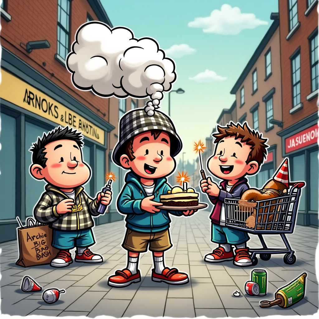 At the top of the cartoon image: “Happy Birthday, Archie — Now put down the vape and party like it’s a Greggs 2-for-1!”

Prompt for the image:

A cartoon street corner with three hilariously exaggerated "chav" characters throwing a wild birthday party for Archie. Archie is front and center wearing a gold chain, a Burberry bucket hat, and socks with sliders, holding a birthday cake in one hand and a vape puffing a massive cloud in the other. Next to him, a mate is blasting tinny music from a phone in a Sports Direct bag while another friend lights sparklers stuck in a sausage roll. There's a banner that says "Archie's Big Bday Bash" taped haphazardly to a rusty shopping trolley. Littered around are empty Monster cans, novelty balloons, and party hats styled like baseball caps. The scene is lively, cheeky, and over-the-top chav-tastic, drawn in bright cartoon colours with big expressions and bold outlines.
Generated with these themes: Chav activities.
Made with ❤️ by AI.