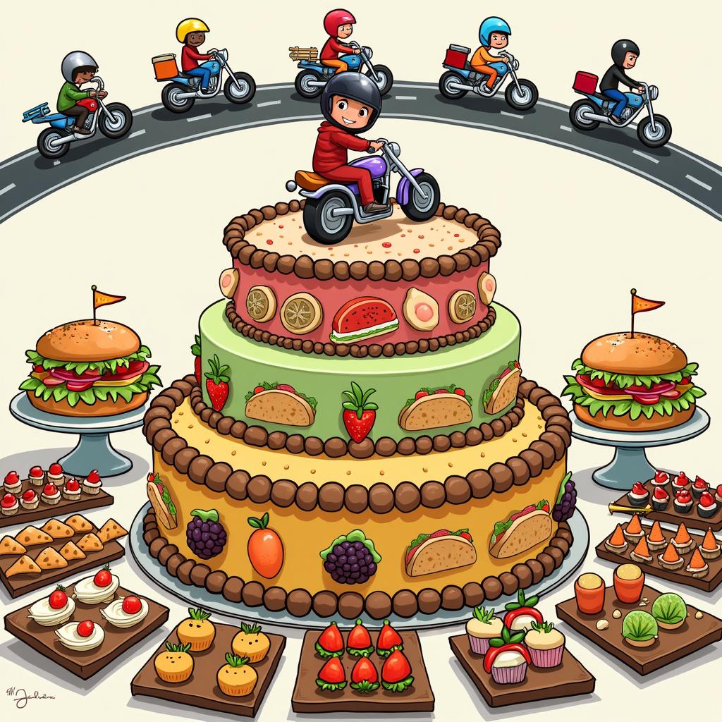 In this illustration, there is a centerpiece of a multi-tiered birthday cake, each layer boasting a different flavor and cartoonish illustrations of various foods like burgers, tacos, and sushi, all with silly faces. A fondant figure on top of the cake dons a helmet and rides a miniature fondant motorcycle that looks like it's popping a wheelie. On either side of the cake, there are platters of finger foods such as miniature sandwich triangles, fruit skewers and cupcakes with icing that resembles various vegetables and fruits, each with a comical expression. Off to the side, a large punch bowl is decked out with a border of marzipan fruit dancing around its rim. An edible sugar-paper banner above the scene shows a road with roaming cartoon motorcycles, each driven by a different laughing piece of food.
Generated with these themes: Food, and Motorcycle .
Made with ❤️ by AI.