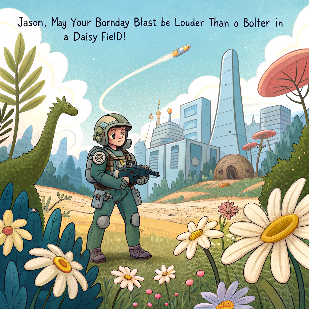 At the top of the image, "Jason, may your bornday blast be louder than a bolter in a daisy field!"

- Illustration prompt:

Depict a surreal, fantastical landscape set under a vibrant, sunny blue sky. The scene features an Emperors Children Space Marine standing confidently among towering alien flora — oversized, twisting flowers and bioluminescent ferns as tall as buildings. Giant, docile fauna wander in the background — part deer, part dinosaur creatures lumbering through ancient, moss-covered ruins that rise from a dense, otherworldly forest. Majestic purple-and-gold mountains frame the distant horizon. Hovering overhead, a whimsically grand, ribboned banner reads "Happy Bornday!" — it’s suspended by flying cherubs clad in tiny golden helmets and baroque armor, cheekily grinning as they hold the ropes. The Space Marine, dazzling in resplendent purple armor adorned with gilded accents, cradles a dramatically stylized gun — which subtly shoots out confetti and glitter instead of plasma. No bugs or beetles are present — only surreal calm and colorful chaos in a universe made for birthday glory.
Generated with these themes: A warhammer 40k space marine Emperors children with a gun in an open world of giant flora and fauna, mountains and ancient forests, ancient ruins, the sky is sunny blue and the sun is shining bright, there is a floating banner which has Happy Bornday written on it, and cherubs holding the banner in the air, and no bugs or beatles.
Made with ❤️ by AI.