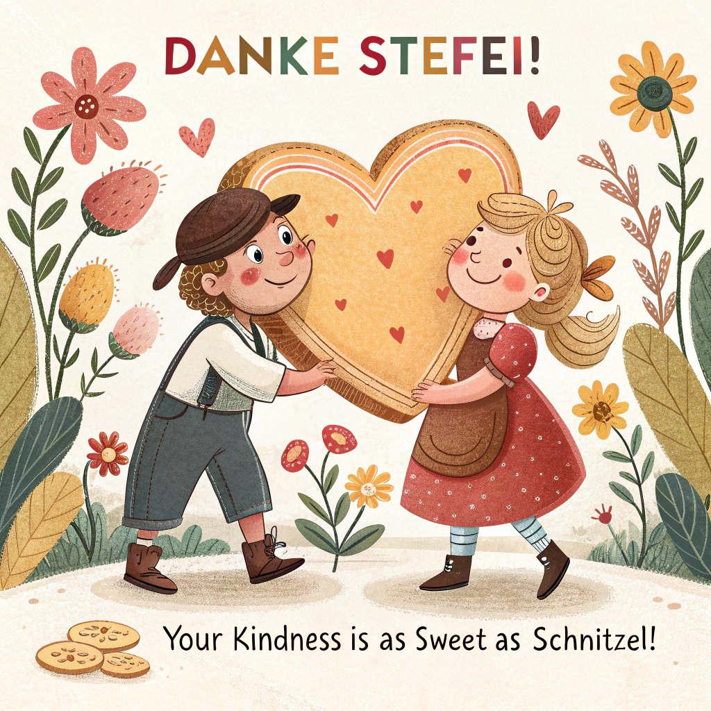 At the top of the image, "Danke Steffi!"

Add at the bottom of the image, "Your kindness is as sweet as schnitzel!"

- Illustrate a charming scene with two playful cartoon characters, Scarlett and Henry, holding a giant heart-shaped schnitzel. They're surrounded by whimsical, hand-drawn flowers and leaves, creating a warm and friendly atmosphere.
Generated with these themes: .
Made with ❤️ by AI.