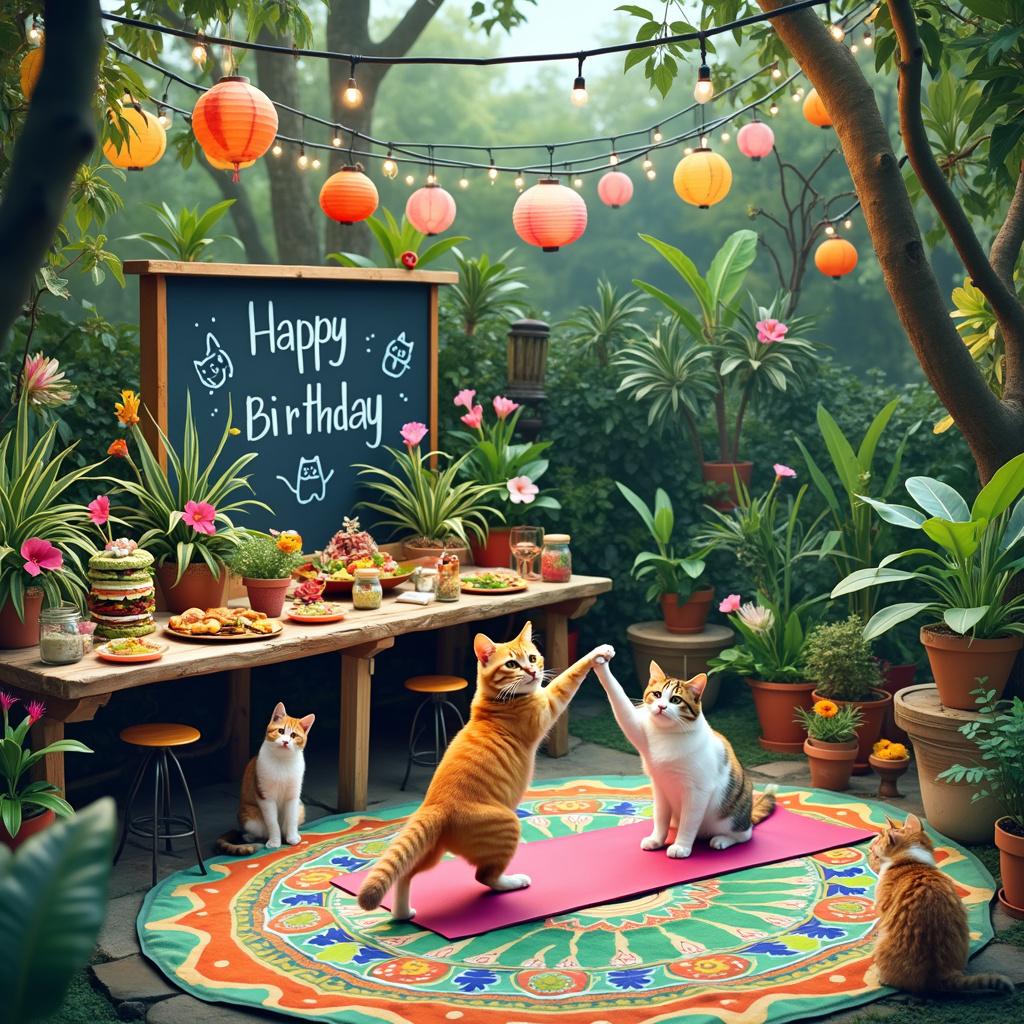 In a whimsical Southsea garden, bursting with life and color, the scene is vibrant and full of joy. At the center lies a large, ornate yoga mat, beautifully adorned with intricate mandala patterns and leafy vines. On this mat, a delightful group of happy cats engages in various yoga poses; one cat is in downward dog, another sits serenely in lotus position, while a third wobbles in an attempt at tree pose. The surrounding area is lush with tropical plants boasting oversized leaves and bright flowers that give the garden a jungle-like ambience. To the left, a rustic wooden table is set for a vegan feast, piled high with colorful dishes such as avocado toast, towering veggie burgers, rainbow salads, and refreshing fruit smoothies in mason jars. Above the table, string lights and paper lanterns hang from the trees, casting a warm and inviting glow. In the background, a chalkboard sign cheerfully declares 'Happy Birthday' in playful, hand-drawn letters, complete with whimsical doodles of cats and yoga poses. Alongside the table, potted plants with charming name tags, each featuring a distinct cat-themed name, form a mini botanical garden. Playful cats can be seen batting at the hanging lanterns, while another is curiously sniffing a pot of enticing catnip. This lively scene captures a humorous and joyous birthday celebration, where the enchanting elements of plants, vegan delights, yoga, and playful cats come together in a vibrant celebration within the Southsea garden.

Summary: This paragraph describes a whimsical birthday celebration in a vibrant Southsea garden, featuring cats practicing yoga, a vegan feast, and colorful decorations. 

Generated with these themes: Plants, Vegan, Yoga, Southsea, and Cats.  
Made with ❤️ by AI.