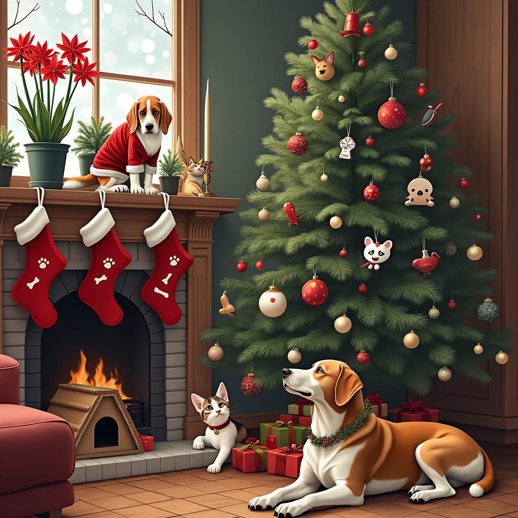 In this Christmas-themed living room, the attention to detail is meticulous and humorous. On a snowy window sill, a cluster of amaryllis plants in deep green pots sit, their bright red blooms adding a splash of color. Below the window, a beagle in a Santa suit complete with a fake white beard is tilting its head, near a decorated gingerbread doghouse. The centerpiece is a large Christmas tree in the middle of the room, with an eclectic mix of ornaments: miniature fire hydrants, fishes, bones, and birds, all custom-made to captivate the animal occupants. A series of stockings hang over the fireplace, embossed with paw and claw prints. One stocking has been pulled down by an adventurous kitten that has climbed up. The kitten, featuring a jingle bell collar, bats at a dangling snowflake ornament. Meanwhile, a border collie with a sprig of pine tucked into its festive collar lounges with a stuffed toy Grinch. Beside the fireplace, a Norfolk pine has been converted into a second Christmas tree, decked with soft felt ornaments, ensuring a safe play area for the pets.
Generated with these themes: Plants, Dogs, and Cats.
Made with ❤️ by AI.