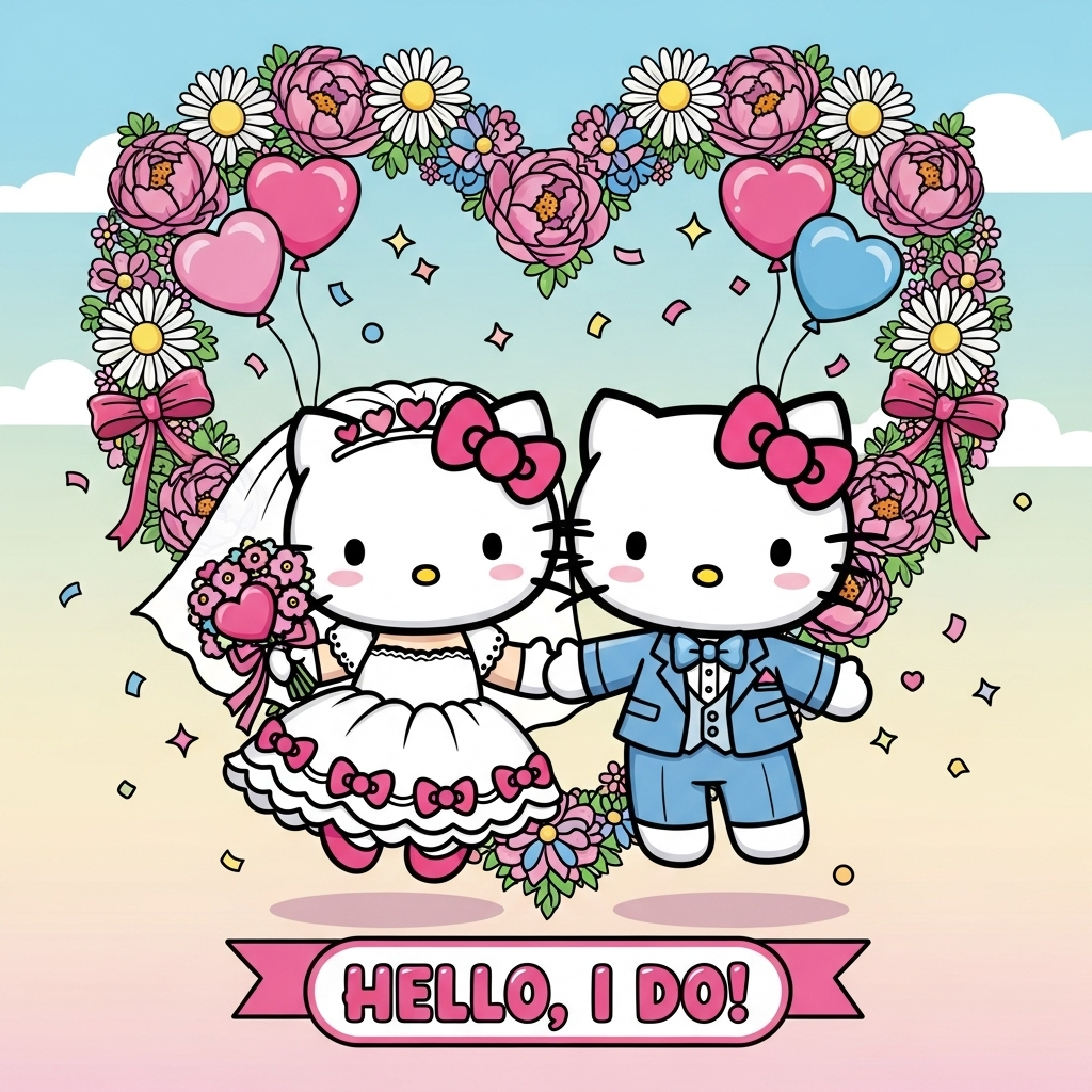 Portrait, super-cute kawaii cartoon wedding featuring Hello Kitty as a joyful bride with her classic bow, wearing a poofy white dress trimmed with pink bows and holding a heart-shaped bouquet; her charming kitty groom in a powder-blue tux and bow tie; both mid-bounce, paws intertwined, as confetti and heart-shaped balloons flutter around them. They stand beneath a heart-shaped floral arch of candy-colored peonies, daisies, and ribbons. Bright saturated colors, thick black outlines, exaggerated chibi proportions (big heads, tiny feet), glossy eyes, playful sparkles, and a soft pastel sky gradient. Composition fills the frame with the couple large in the center. Small caption at the bottom on a pink ribbon banner: “Hello, I do!” in bubbly hand-lettering, hot pink with white outline. Clean vector feel, smooth shading, high contrast, cute mood.
Generated with these themes: Hello kitty, and .
Made with ❤️ by AI.