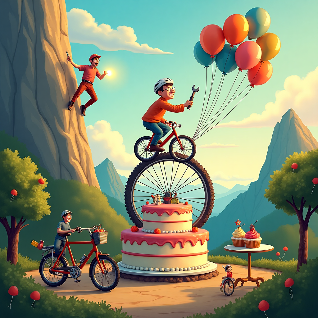 The front cover of this quirky birthday card presents a bustling scene that cleverly combines all the requested themes into one vibrant image. Imagine a picturesque mountain landscape with a craggy cliff face in the background. At the center, Andy is joyfully perched atop a uniquely crafted birthday cake shaped like a bicycle wheel, balancing skillfully as he pedals. The spokes of the wheel are made from Allen keys and screwdrivers, adding a handyman flair. In the sky above, a flock of colorful balloons floats, their strings intricately spelling out "Happy 60th Birthday Andy" against a backdrop of fluffy clouds. The scene is set in late afternoon, with the setting sun casting a golden glow across the landscape.

To the left of Andy, a lively rock climber is scaling the cliff, using a headtorch that is so bright it casts a spotlight on Andy, highlighting his milestone celebration. This climber has a tool belt filled with various handyman gadgets – a tape measure, pliers, and a small hammer – all cleverly used as makeshift climbing gear. On the ground below, a vintage bicycle is parked with a quirky twist; the handlebars are fashioned from a wrench, and the saddle is a repurposed tool pouch.

The surrounding area is dotted with small tables adorned with cycling-themed cupcakes, each one topped with miniature rock climbing figures. Trees border the scene, with bike chains wrapped whimsically around their trunks like garlands. The overall setting is playful yet intricate, weaving all elements into a seamless story celebrating Andy's passions and interests as he embarks on this new decade of adventures.
Generated with these themes: 60th Birthday, CYCLIST, ROCK CLIMBER, Handyman gadgets, and HEADTORCH.
Made with ❤️ by AI.