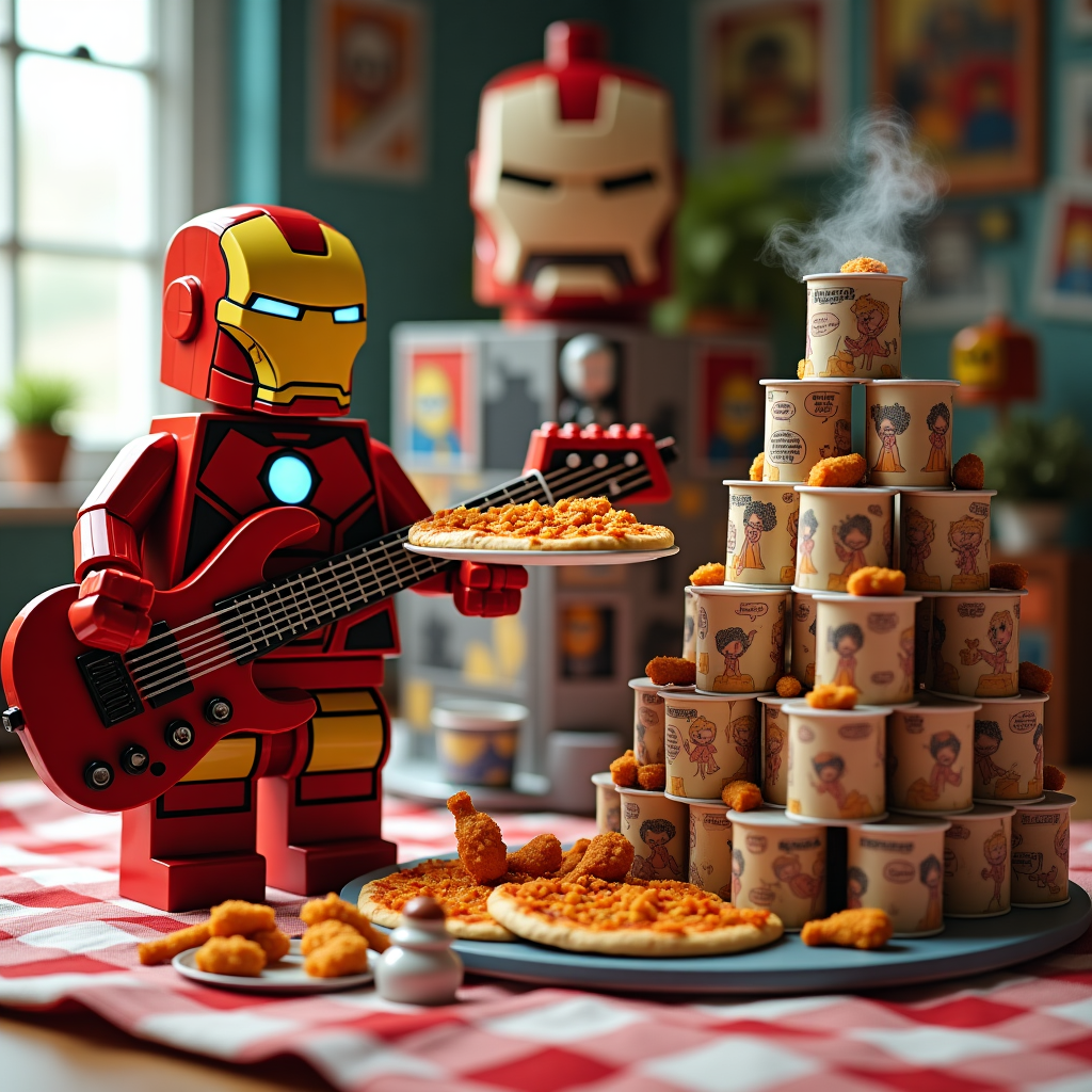 In the whimsical world of birthday celebration, an eclectic scene unfolds. Iron Man, adorned not in his usual metallic red and gold armor, but in a playful patchwork suit crafted entirely from Lego bricks, stands in the foreground. His visor is lifted to reveal a cheeky smirk as he balances a plate stacked with an absurdly large pizza on his repulsor hand, the cheese stretching almost impossibly as if caught mid-bite. In his other hand, he holds a bouquet of spicy wings, each one hilariously topped with a tiny edible Iron Man mask made of crispy, deep-fried batter.

Nearby, a slick, red bass guitar, its strings replaced with golden threads, leans casually against a towering stack of coffee cups. The cups are of various sizes and colors, each one stamped with quirky illustrations of Iron Man fighting off coffee beans with laser beams. A river of aromatic steam rises from the cups, curling around Iron Man in whimsical shapes that seem to dance with joy.

In the background, a giant birthday cake stands tall. It’s decorated with edible Lego bricks, creating a vibrant landscape of towering spires and tiny figurines that mirror famous Marvel scenes. Perched atop the cake, a miniature Iron Man made of fondant stands triumphantly. The cake is surrounded by a circle of wings forming a humorous crown of sorts, their spicy aroma mixing delightfully with the sweet scent of frosting.

The entire scene is set on a checkered picnic blanket sprawled on the floor of what seems to be a giant Lego-themed room. The walls are covered with comic strip panels, and in the corner, a whimsical espresso machine hums merrily, its body shaped like a miniature Iron Man suit, dispensing coffee into cups emblazoned with the Avengers logo. This birthday extravaganza promises a fusion of fun and flavors, a testament to Iron Man's indomitable spirit and love for all things deliciously quirky.
Generated with these themes: Marvel Iron Man, Pizza and wings, Bass guitar , Lego , and Coffee .
Made with ❤️ by AI.