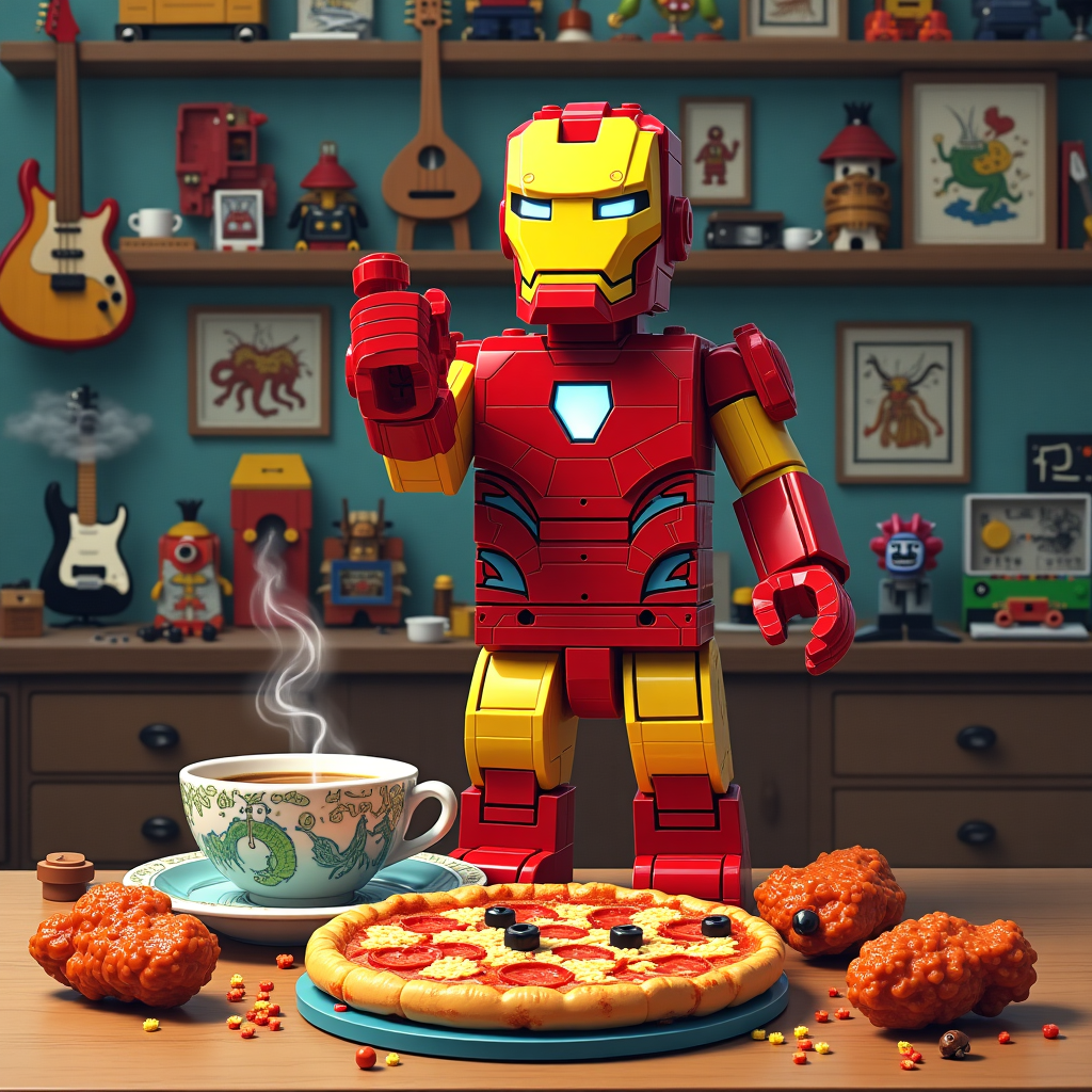The scene is set in an imaginative and whimsical art studio, a nod to Norman Rockwell's detailed and lively compositions. In the foreground, Iron Man, crafted from colorful Lego bricks, stands confidently on a wooden table. His pose is heroic, with one hand stretched out, palm forward, as if ready to blast. His signature red and gold armor is cleverly pieced together from the interlocking bricks, each piece a vibrant hue reminiscent of Maxfield Parrish’s bright palettes. Surrounding Iron Man, an array of pizza slices and spicy chicken wings are scattered chaotically, as if an impromptu feast is in progress. The pizza, depicted in Edward Gorey's detailed linework, is loaded with stringy cheese, pepperoni, and a playful amount of olives, while the wings are saucy and shiny, tempting with their glistening texture.

Behind Iron Man, a colossal cup of steaming coffee, rendered in the whimsical style of Quentin Blake, looms like a giant cauldron, its rich, aromatic brew swirling with steam tendrils. Perched on the edge of this cup is a bass guitar, painted with vivid blues and greens akin to an Arthur Rackham illustration. The guitar’s strings glisten in the soft light, suggesting the serene strumming of mellow notes. 

In the background, shelves are lined with Lego sets, each one more complex and fascinating than the next, creating a labyrinth of tiny plastic bricks that twist and turn in Beatrix Potter-esque detail. Each shelf is alive with miniature worlds, like Maurice Sendak's whimsical realms, where tiny Lego figures enact adventurous tales. The walls of the studio are adorned with intricate doodles of Iron Man battling mythical pizza monsters, their eyes wild and cheesy, capturing the playful spirit of a Marvel comic through the lens of Gustave Doré's intricate illustrations. 

This scene invites the viewer into a world where the mundane meets the fantastical, blending everyday delights with legendary heroism, creating a birthday card cover that’s as unique and adventurous as the recipient’s special day.
Generated with these themes: Marvel Iron Man, Pizza and wings, Bass guitar , Lego , and Coffee .
Made with ❤️ by AI.