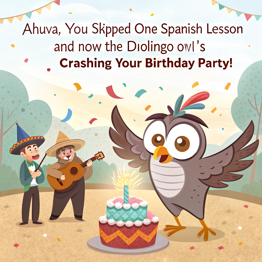 At the top of the image, "Ahuva, you skipped ONE Spanish lesson and now the Duolingo owl’s crashing your birthday party!"

- In the center of the image, show a cartoon scene where the iconic Duolingo owl, exaggeratedly wide-eyed and slightly unhinged, bursts through a pile of confetti with a mariachi band behind him.

- The owl is holding a giant birthday cake in one wing and a "¡Feliz Cumpleaños o Else!" sign in the other.

- Ahuva (drawn as a cartoon character) sits at the party table, looking mildly horrified but laughing, wearing a birthday hat askew.

- Add playful chaos around the scene: balloon animals in sombreros, tacos with googly eyes dancing, and presents labeled “30 Spanish Exercises Inside.”
Generated with these themes: Duolingo owl .
Made with ❤️ by AI.