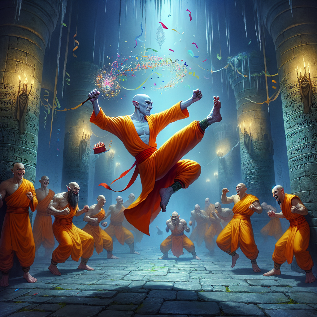 Illustrate a captivating scene set during a birthday celebration in a mystical dungeon setting. The centerpiece of the image is a bald, stout halfling dressed in vibrant orange monk attire, frozen in mid-air as he executes an impactful martial arts kick. The elegant fluency of his movement starkly contrasts his robust figure. The stone walls of the dungeon are dressed in mysterious inscriptions, yet despite its eerie architecture, the atmosphere is surprisingly luminous. Surrounding him are fellow halfling monks, their faces all lit up in surprise and festivity. From the stone walls, festoons and confetti seem to burst forth, weaving between the merry monks, adding magic to the air.
Generated with these themes: Short male human, Bald, Orange monk robes, Martial arts flying kick, Dungeon, Monk, Halfling, and Stout.
Made with ❤️ by AI.