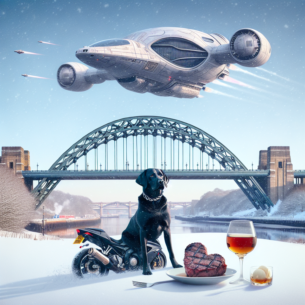 Black Labrador riding sports motorbike, Tyne bridge, X wing, Snow, Heart shaped steak, Whiskey, and Vanilla ice cream Valentines-day Card