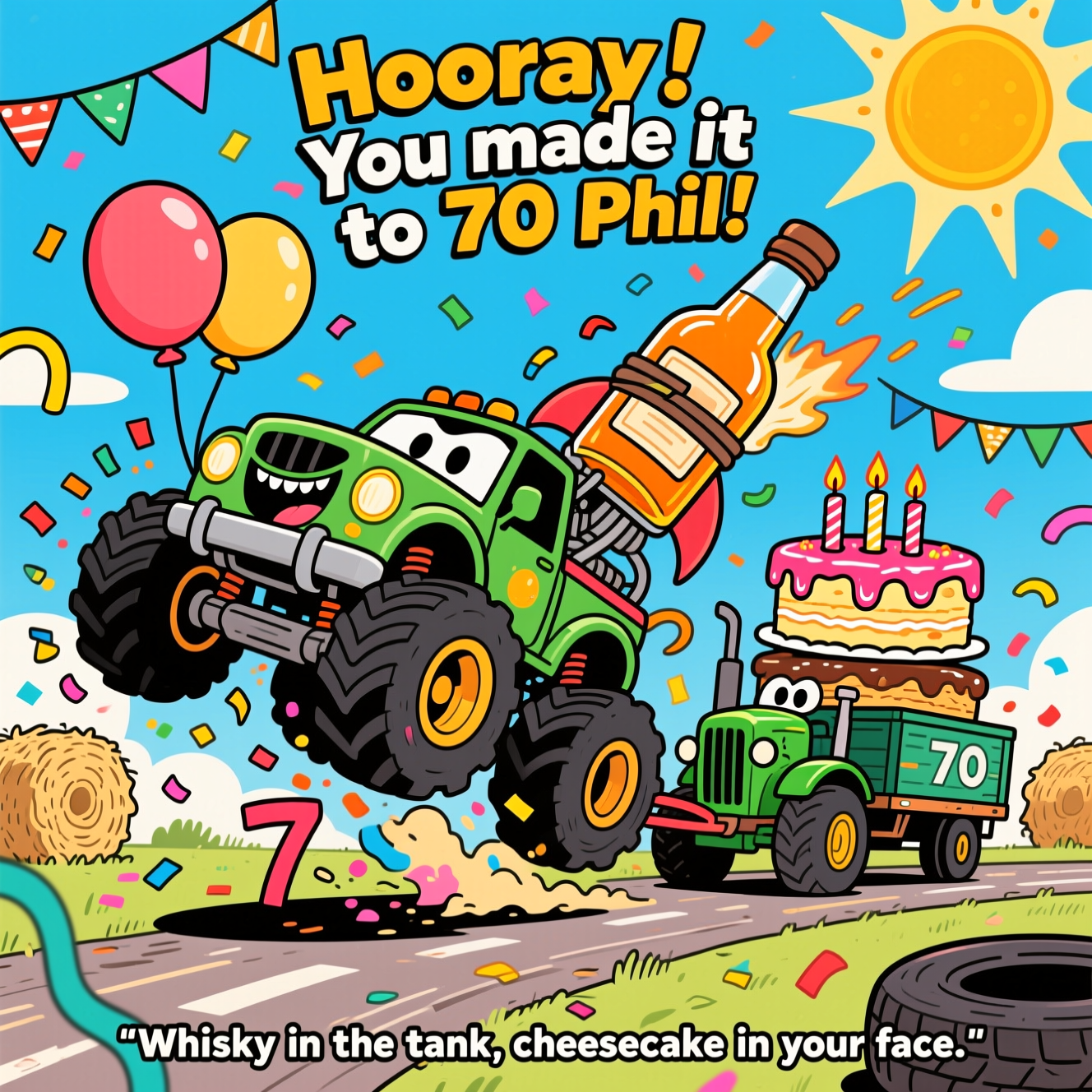 At the top of the Cartoon Style image, "Hooray! You made it to 70 Phil!"
A bold, playful cartoon scene with exaggerated proportions, thick black outlines, and bright saturated colors. Low-angle, dynamic composition bursting with confetti and streamers. Center: a grinning monster truck popping a wheelie, huge balloon tires spraying colorful dust; its headlights are expressive eyes and its bumper forms a mischievous smirk. Beside it, a chunky, proud tractor in vibrant green hauls a rickety trailer stacked with a gigantic, wobbling cheesecake dripping glossy glaze, topped with sparkling 70-shaped candles. A colossal amber whisky bottle (no label text) is strapped like a rocket to the truck, sloshing with comic motion lines. The truck and tractor are anthropomorphic, full of cheeky, slightly rude energy. Background: sunny sky with a bold halftone sunburst, pennant bunting, hay bales, and looping tire marks that curve into a playful “70” shape. Clean, flat cel shading and a crisp, vector-like finish; energetic poses, confetti and speed lines amplify the irreverent party chaos.
At the bottom of the Cartoon Style image, small cheeky caption: "Whisky in the tank, cheesecake in your face."
Generated with these themes: Trucks, tractors, whisky, cheesecake, and .
Made with ❤️ by AI.