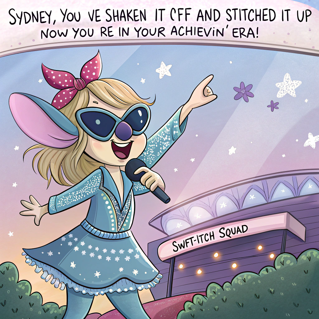 At the top of the image, "Sydney, you’ve shaken it off and stitched it up—now you’re in your achievin’ era!"

- In the center of the cartoon image, depict a hilarious scene where Stitch is dressed as a mini Taylor Swift, complete with a sparkly concert outfit, holding a glittery microphone, dramatically pointing toward the sky.

- Sydney is drawn center-stage beside Stitch, wearing sunglasses, confetti in her hair, and holding a “Swift-itch Squad” banner while riding on the back of a flying glitter guitar.

- The background is filled with floating friendship bracelets, gold stars, and mini UFOs shaped like tiny trophies. One UFO beams down a glowing congratulatory spotlight on Sydney.

- The mood is playful, musical, and intergalactically fabulous—perfect for celebrating a wild success with a wink and a cosmic shake-it-off.
Generated with these themes: Taylor swift and stitch.
Made with ❤️ by AI.
