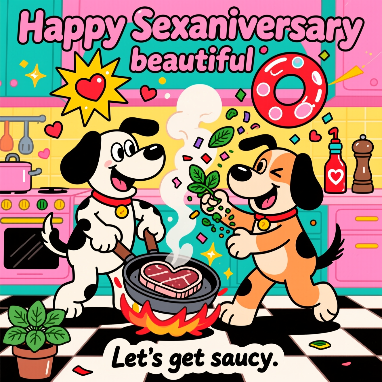 At the top of the Cartoon Style image, Happy sexiversary beautiful

A big, bold, playful Cartoon Style scene in a neon-bright retro kitchen: two cheeky cartoon dogs with exaggerated proportions and thick black outlines are cooking together. One flips a heart-shaped steak in a sizzling skillet; the other sprinkles fresh basil that swirls through the air like confetti. Steamy vapor rises from the pan as giant bubbly O-shaped rings and starburst pops with tiny hearts, hinting at an explosive, ecstatic flavor moment. Their poses are energetic and flirty—winks, wagging tails, goofy grins—rude, cheeky vibe without explicit content. Speed lines and sparkles add motion and punch. Palette: bubblegum pinks, electric teals, hot reds, and sunny yellows; glossy highlights, chunky shadows, clean vector finish. Background details: checkerboard floor, potted basil, pepper mill, and a heart-icon sauce bottle. Keep the composition image-first, with the characters large and central.

At the bottom, a small hand-lettered caption in a punchy bubble: Let’s get saucy.
Generated with these themes: Doggie style sex, basil, steak, orgasm, and .
Made with ❤️ by AI.