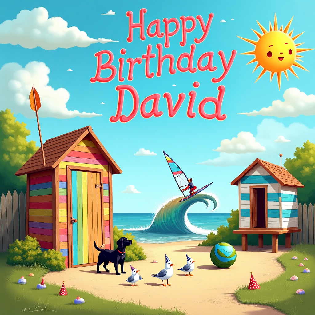 Shot put, Javelin, Windsurfing, Garden Shed, Beach Hut, Black Cocker Spaniel Birthday Card