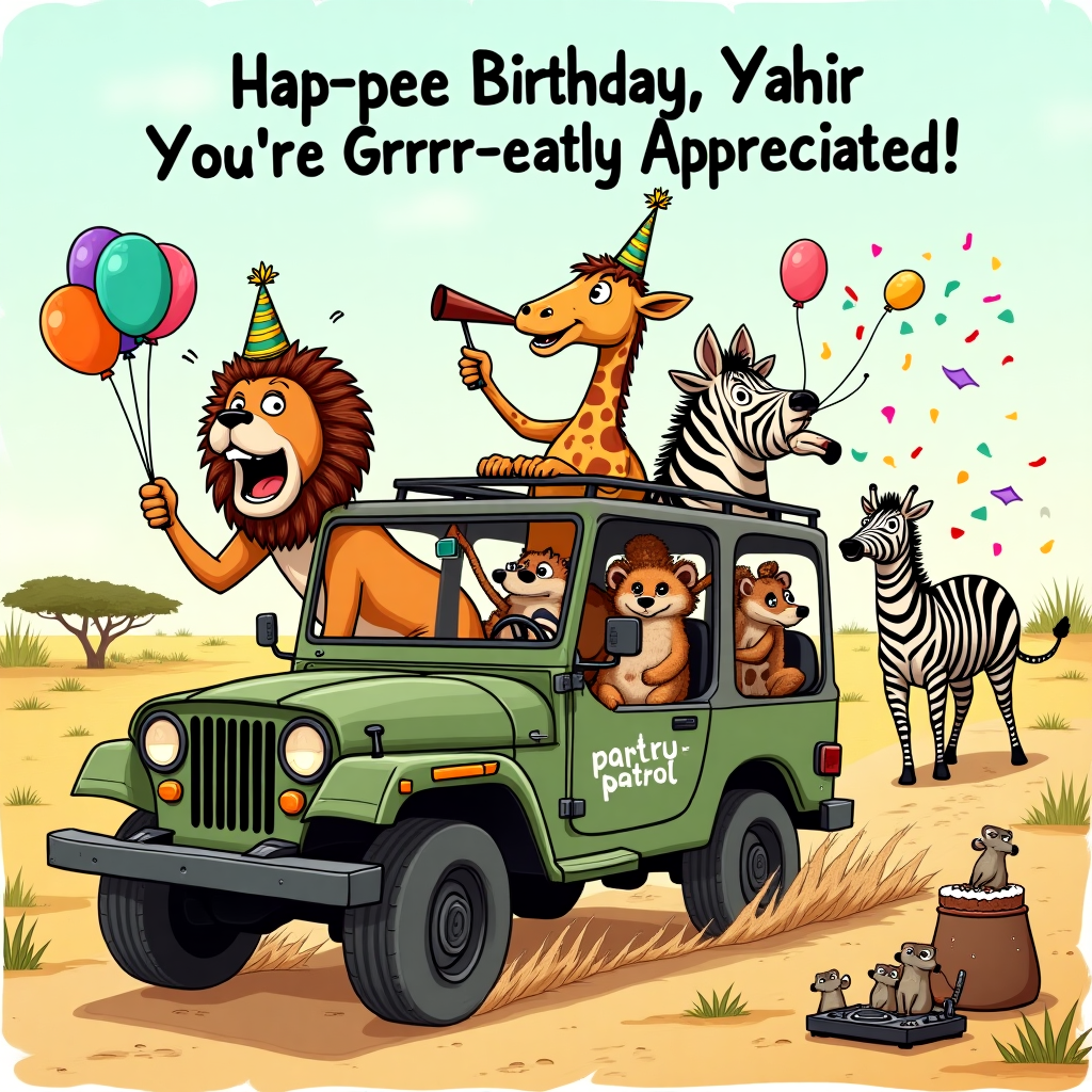 **Prompt for Illustration Image:**

At the top of the illustration image, write: “Hap-pee Birthday, Yahir – You’re Grrrrr-eatly Appreciated!”

A hilariously chaotic safari scene unfolds: Yahir is in a bumpy safari jeep that's bouncing wildly through the savanna. A group of quirky safari animals are all wearing party hats — a lion is roaring while holding balloons, a giraffe is awkwardly trying to blow a party horn with its long neck bent into the jeep, and a zebra is mid-split on a birthday cake. In the background, a group of meerkats is DJing next to a termite mound turned turntable. The jeep has "Party Patrol" written on the side and streamers fluttering from the roof. Everything has that fun, hand-drawn, comic-style charm. Bright colors, over-the-top expressions, and just a hint of safari mayhem.
Generated with these themes: safarri 8.
Made with ❤️ by AI.