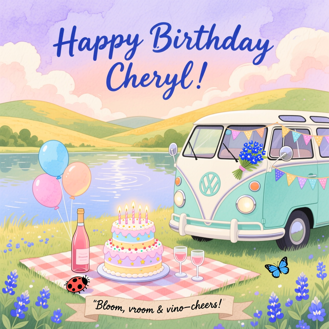 At the top of the Watercolor Style image, Happy Birthday Cheryl!

Create a cute, airy watercolor scene with soft washes, delicate gradients, subtle pigment blooms, and visible natural paper texture. Foreground: a cozy picnic by a serene lake. On a gingham blanket, a whimsical two-tier birthday cake with pastel icing, tiny star sprinkles, and glowing candles; beside it, a bottle of rosé wine and two small glasses catching the light. Midground: a mint-teal retro travel van with round, friendly headlights, strung with tiny bunting flags and a few pastel balloons tied to the mirror; a small bouquet of bluebonnets tucked on the dash. Background: rolling green and golden hills that dissolve softly into the distance, with a glassy lake reflecting the van and cake in gentle ripples. Foreground borders and meadows sprinkled with cheerful bluebonnets in blues and violets; a ladybug and a couple of butterflies for a playful, cute touch.

Sky: roomy, with a peach-to-periwinkle gradient and soft cloud blooms. Set the title in hand-lettered watercolor brush script across the sky, slightly arched, in a blueberry-blue ink for contrast. Keep edges loose and painterly, with wet-on-wet blends and light pencil under-sketch hints.

Add one small cheeky caption at the bottom on a soft paper ribbon in tiny brush lettering:
“Bloom, vroom & vino—cheers!”

Overall palette: mint-teal, cornflower blue, lavender, peach, soft sage. Gentle highlights, no harsh outlines; warm, wanderlusty, celebratory mood.
Generated with these themes: Birthday cake, travel van, wine, lake, rolling hills, bluebonnets , and .
Made with ❤️ by AI.