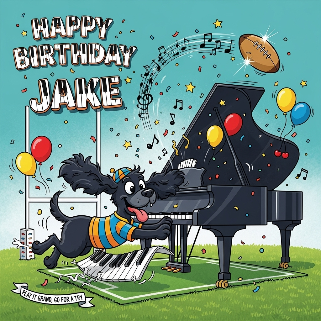At the top of the Cartoon Style image, “Happy Birthday Jake” in big, bubbly piano-key patterned letters with cheeky rugby-stripe shadows, showered in confetti

Playful cartoon scene: A glossy black grand piano sits on a mini rugby pitch rug. A black cocker spaniel with silky, feathery ears and a shiny coat, wearing a bright striped rugby jersey and tiny scrum cap, vaults energetically across oversized piano keys. Exaggerated proportions: big paws boinging off the keys, huge expressive eyes, tongue out, ears flapping like flags. A rugby ball arcs above the keys with a swooshing trail of musical notes, while the open piano lid pops with flying sheet music, balloons, and starburst lights. In the background, white rugby goalposts frame the scene; confetti and streamers whirl everywhere. Thick outlines, bright saturated colors (teal, lemon yellow, cherry red, electric blue), dynamic Dutch tilt, bouncy motion lines, and a joyful, funny mood.

Add a small ribbon near the bottom with one cheeky caption: “Play it grand, go for a try!”

Cartoon Style, playful characters, exaggerated proportions, thick outlines, whimsical, energetic poses. No extra text beyond the lines specified. High detail, crisp, vibrant.
Generated with these themes: Piano rugby black cocker spaniel, and .
Made with ❤️ by AI.