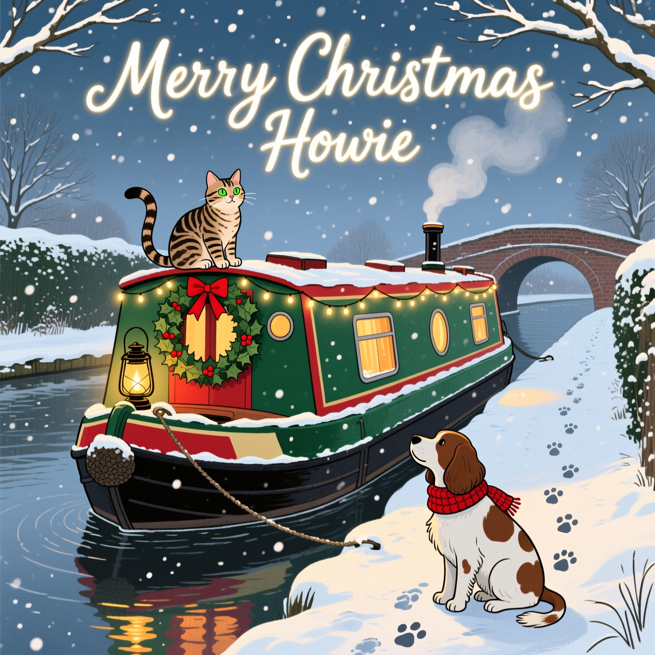 Narrowboat, tabby cat,  spaniel, snow , and Christmas Card