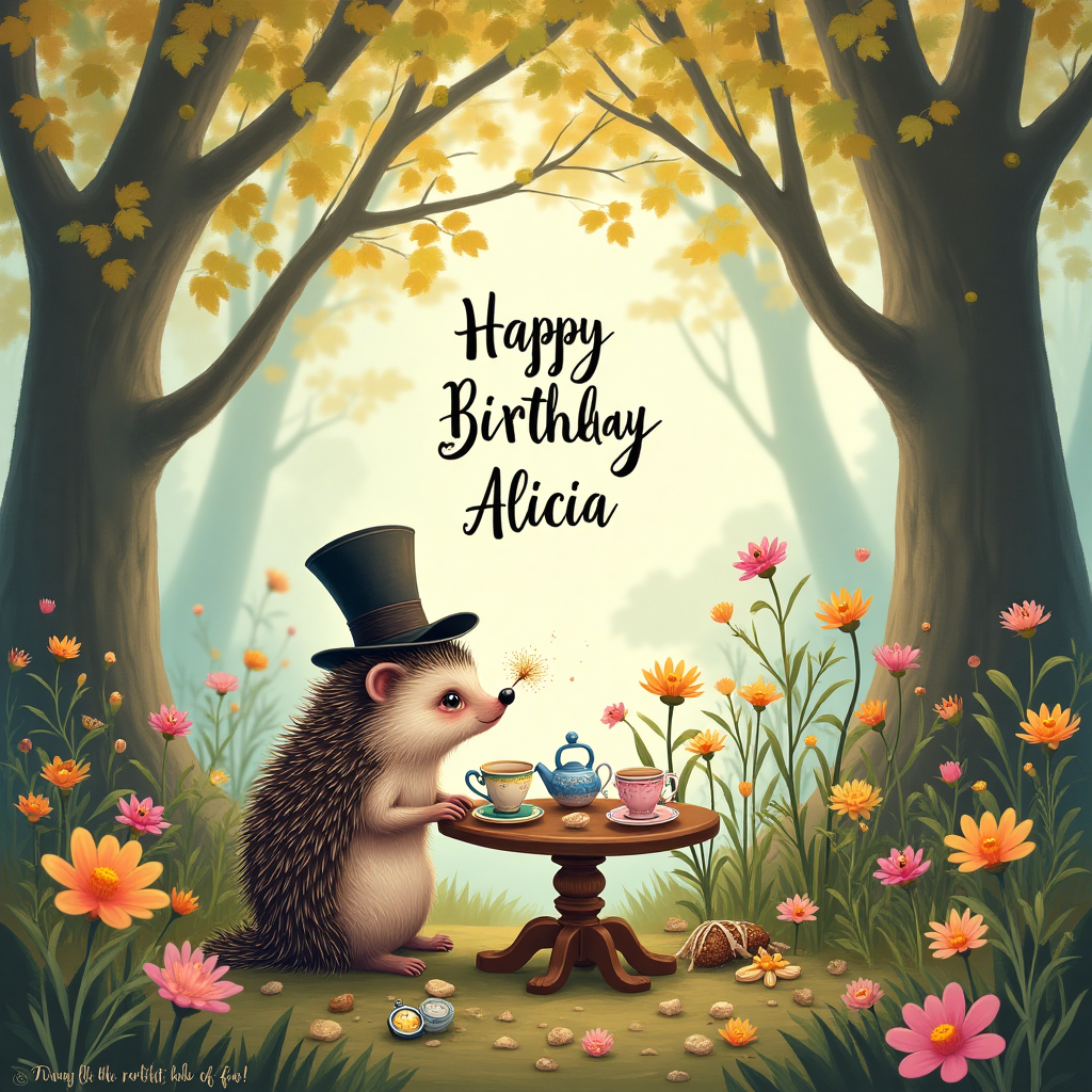 At the top of the Illustration Style image, write the text "Happy Birthday Alicia" in whimsical, curly letters that echo the playful nature of the scene.

**Image Description:**

In a magical forest clearing, an adorable hedgehog wearing a tiny, elaborate top hat sits at a miniature tea table. The hedgehog is accompanied by a collection of enchanted, anthropomorphic teacups and a quirky pocket watch, all reminiscent of Alice in Wonderland. Surrounding the table, vibrant flowers with faces are joyfully leaning in to join the celebration. 

A gentle breeze is playfully rustling through the colorful leaves above, casting dappled shadows on the ground. The forest is alive with subtle textures and patterns that create a sense of whimsy and wonder. In the background, a softly painted Cheshire cat grin is barely visible among the branches, adding a touch of mystery to the scene.

In the corner, in small text, is the phrase "Tumble down the rabbit hole of fun!" adding a cheeky twist to the delightful birthday theme.
Generated with these themes: Alice in wonderland, Hedgehog, and .
Made with ❤️ by AI.