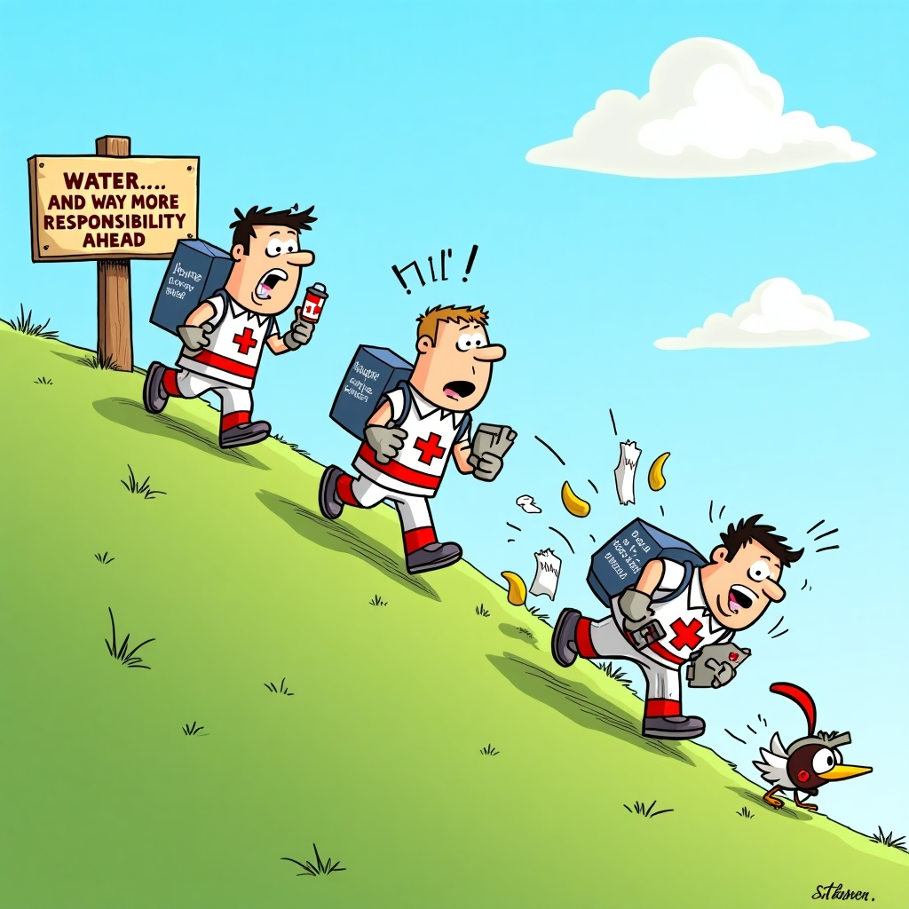 **Prompt for AI Image Generator (Cartoon Style, Funny Mood):**

A whimsical cartoon scene set on a steep grassy hill under a sunny blue sky with fluffy clouds. Jack and Jill, both dressed in exaggerated paramedic uniforms complete with red crosses, gloves, stethoscopes, and overstuffed first aid bags, are trudging up the hill with determined (and slightly overdramatic) expressions. Jill is holding a cartoonishly tiny pail labeled "H2-OH NO!", while Jack is dramatically wiping sweat from his forehead. At the top of the hill is a quirky wooden signpost that reads: “Water… and Way More Responsibility Ahead!”

Tumbling behind them down the hill is a third paramedic (their goofy replacement), flailing wildly, clutching a clipboard, and scattering medical supplies like banana peels and gauze. A little bird wearing a nurse’s hat watches from a branch, looking confused.

Include exaggerated motion lines and comedic details like “Overworked and Outta Here!” printed on the back of Jack’s uniform and “Emergency Exit Strategy” written on Jill’s backpack. Keep the style playful, vibrant, and full of personality.
Generated with these themes: Jack and Jill walking up the hill to fetch a pale of water. They are dressed as paramedics .
Made with ❤️ by AI.