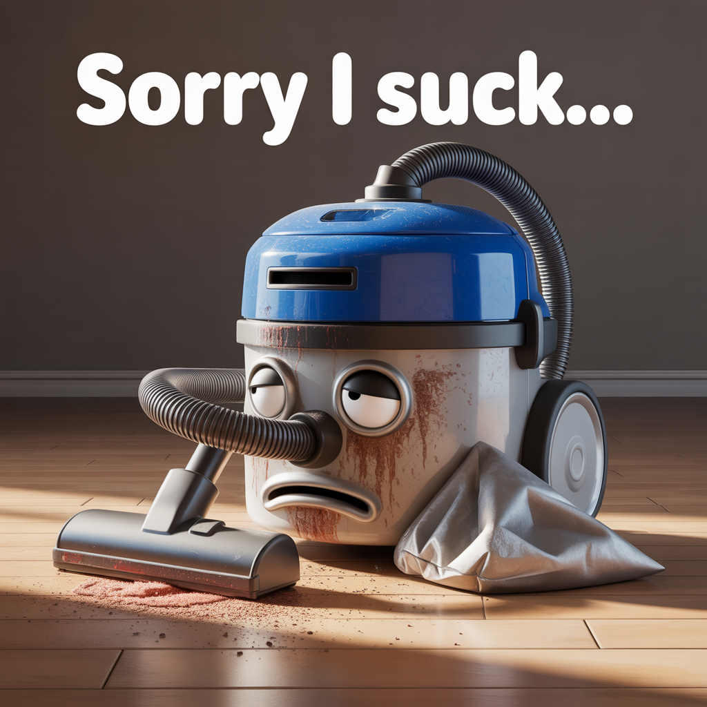 A sad vacuum cleaner that looks defeated and done with life, and Sympathy Card