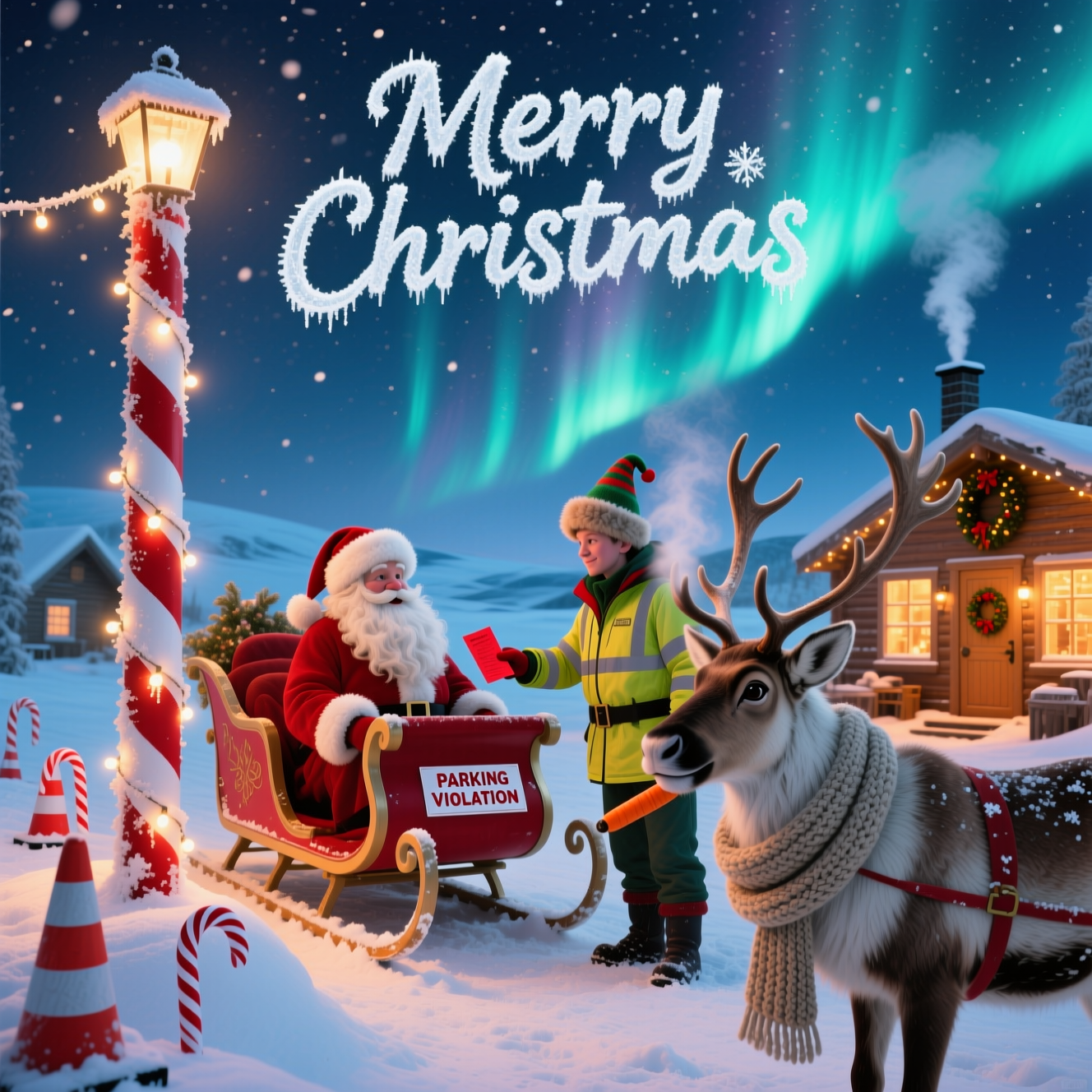 At the top of the Photorealistic picture taken from a camera image, Merry Christmas

Ultra-high-definition 4K UHD photorealistic scene at the North Pole in blue-gold polar twilight: the iconic red-and-white candy-striped pole rimmed with frost and wrapped in warm fairy lights stands beside Santa’s sleigh, which is gently nose-down in a fluffy snowbank as if it “parked” a bit too enthusiastically. A cheeky elf traffic warden in a high-vis parka and fur-trim hat is mid-ticket, sticking a red-and-white “Parking Violation” slip under the sleigh’s runner. Closest to camera, a reindeer in a chunky knit scarf gives a sheepish side-eye, a carrot poking out like a cigar, breath fogging in the crisp air; tiny snow crystals cling to its whiskers and eyelashes. Candy-cane traffic cones dot the scene. In the mid-ground, cozy timber workshops glow amber through frosted windows; wreaths hang on doors, thin chimney smoke drifts up. The aurora borealis softly ribbons across the deepening sky while light snow falls, catching the backlight and sparkling.

Merry Christmas text styling: set “Merry Christmas” at the top in frosted white hand-lettered script with tiny ice crystals catching the low sun; subtle red pinstripe and soft drop shadow so it reads clearly against the sky.

Add one small, funny caption as in-world signage near the bottom: a little wooden stake sign half-buried in snow, burnt-in lettering reading “North Pole: Zero degrees, zero chill.”

Camera and rendering notes for realism: eye-level perspective; full-frame camera look, 35mm lens, f/8, ISO 200, 1/250s; accurate polar twilight color temperature (cool blues in snow and sky, warm tungsten glows in windows), crisp lifelike textures on fur, wood grain, and frosted metal; natural depth of field with foreground and mid-ground tack-sharp, gentle background falloff; soft backlight rim on the reindeer and sleigh; realistic micro-contrast and fine snowflake detail; no CGI look, no stylization—true-to-life photograph.
Generated with these themes: North pole, Christmas setting , and .
Made with ❤️ by AI.