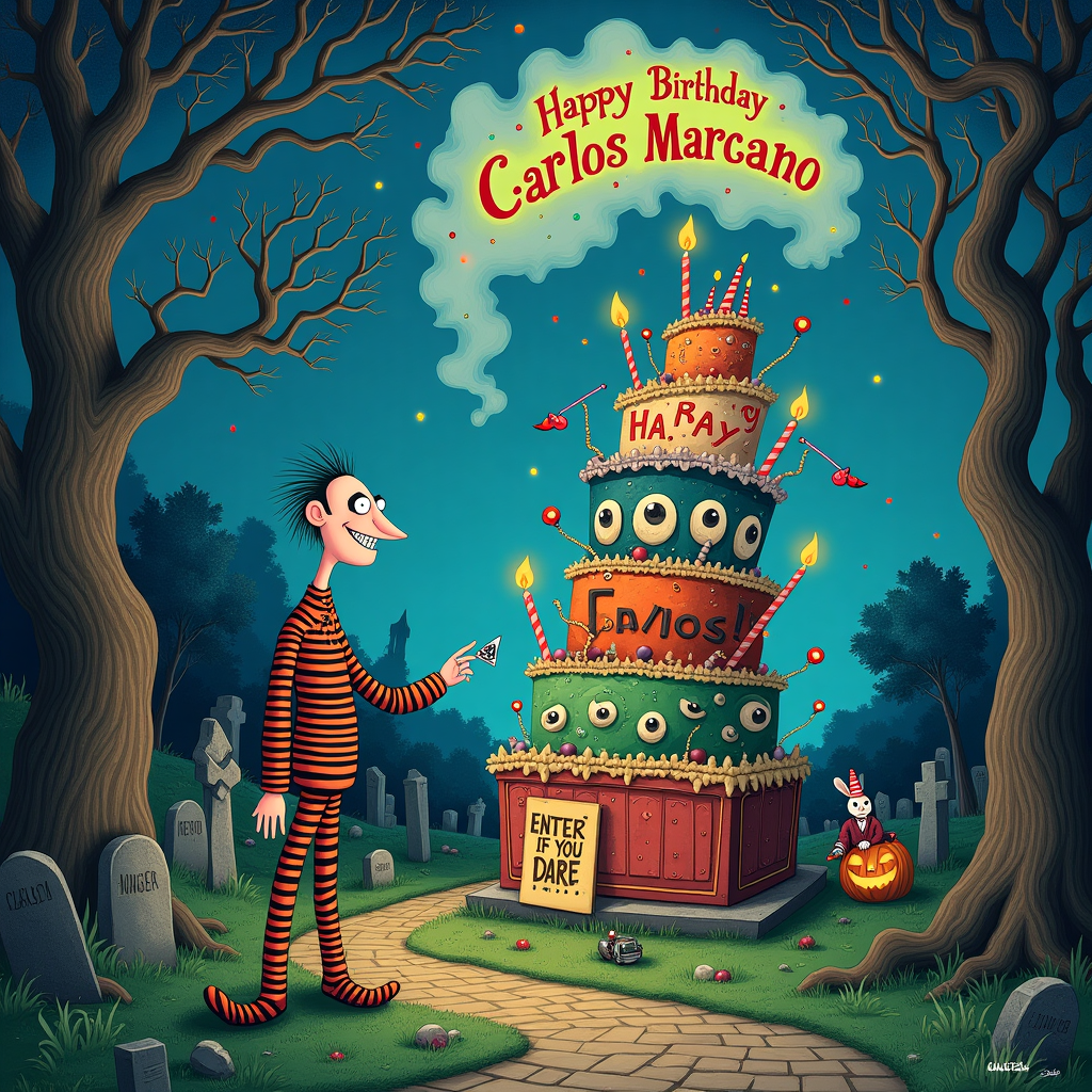 The front cover of this quirky, funny birthday greeting card features a strange and delightfully creepy birthday scene set in an otherworldly landscape, reminiscent of the absurd charm of Beetlejuice's universe. Picture a cobblestone pathway spiraling through a whimsical, twilight-lit cemetery. Gravestones are comically shaped like birthday candles, with flickering flames atop. In the foreground, Michael Keaton as Beetlejuice stands with a mischievous grin, sporting his iconic striped suit, but now it’s comically altered with colorful birthday party motifs like confetti and balloons incorporated into the stripes.

Around Beetlejuice, peculiar creatures resembling Maurice Sendak’s Wild Things dance and cavort, each holding party hats and noisemakers. Aubrey Beardsley-inspired twisted trees, with intricate, swirling branches, frame the background. Among the branches, a strange cloud formation spells out "Happy Birthday Carlos Marcano," with the letters formed from eerie mist tendrils, glowing slightly against the twilight sky.

In the center of the scene, a towering, precariously leaning cake that seems to defy gravity stands, each layer different: one striped like Beetlejuice’s suit, another resembling a ghoulish green layer with eyeballs akin to Edward Gorey’s style peering from it. Little skeleton hands reach out of the cake, waving tiny flags that read "Hooray!"

A Beatrix Potter-inspired rabbit wearing a tiny suit holds a sign at the base of the cake reading "Enter If You Dare, Carlos Marcano!" Meanwhile, in the background, a Quentin Blake-esque flock of fluttering paper bats emerges from a jack-o-lantern with a wide grin, adding to the quirky celebration. Above, Maxfield Parrish-style swirling skies cast a surreal glow over the entire scene, illuminating Carlos's name in the clouds, making it a magical birthday tribute wrapped in delightful creepiness.
Generated with these themes: Michael keaton in Beetlejuice (1988), and Strange and creepy.
Made with ❤️ by AI.