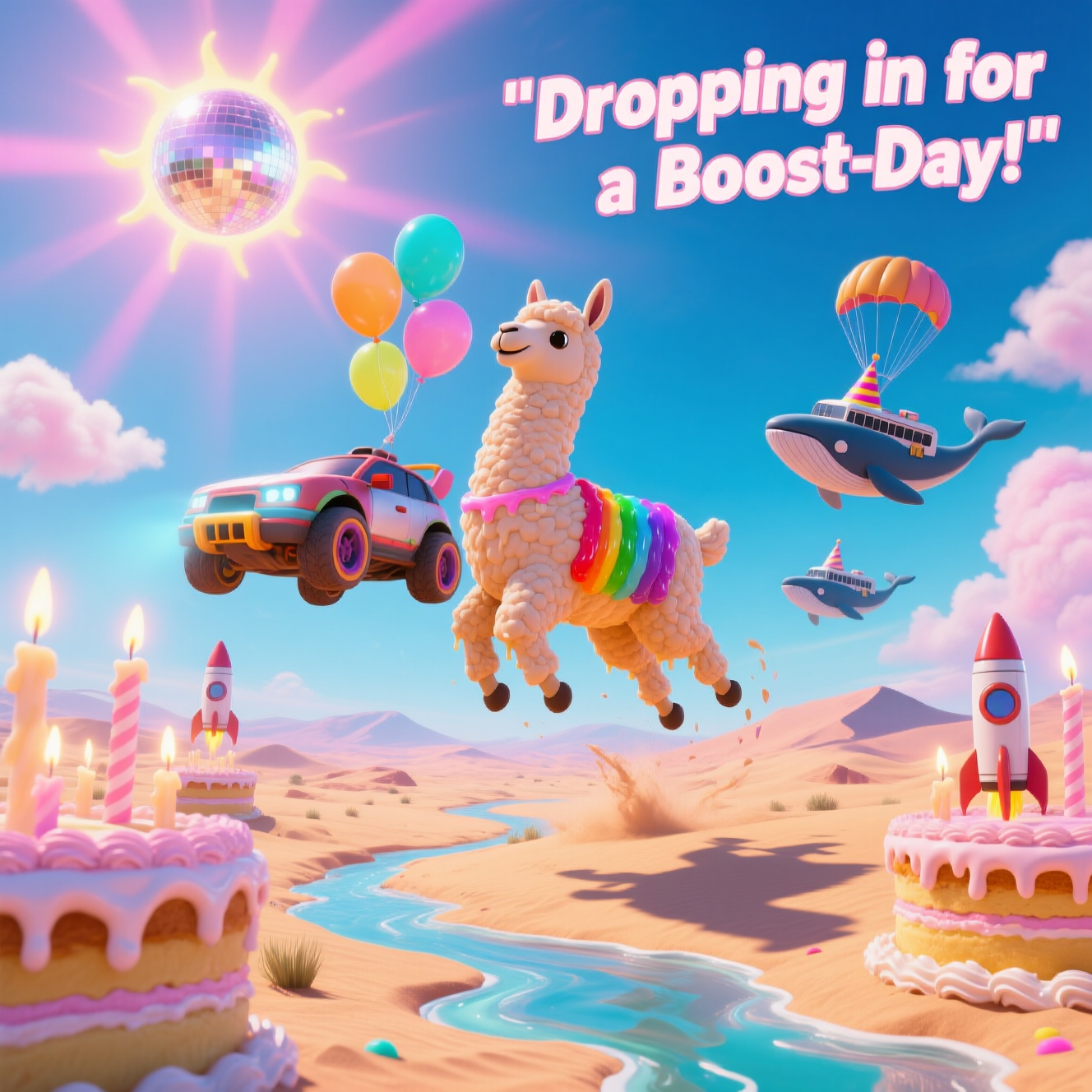 Here’s your surreal, funny birthday card image prompt:  

---

**Prompt:**  
A vast dreamlike desert made of melting cake layers, frosting rivers flowing under a glowing cotton-candy sky, where a giant Rocket League car with balloon wheels and rainbow exhaust is leaping into the air to hit a huge Fortnite loot llama made entirely of jelly. The llama is spinning slowly in mid-air, its body dripping into the sand like ice cream in the sun. In the background, floating Fortnite battle buses hover like friendly whales, their parachutes turning into birthday hats. Surreal Dali-style shadows stretch impossibly across the landscape, and candles shaped like rocket boosters glow in the distance. A faint shimmering disco ball sun lights the scene with pastel neon rays.  

**Text (in bold, floating whimsically in the top corner):**  
*"Dropping in for a Boost-Day!"*  

---

Do you want me to also give you **three alternative punchline texts** in the same surreal-humour tone so you can pick your favourite?
Generated with these themes: Rocket league, Fortnite, and .
Made with ❤️ by AI.