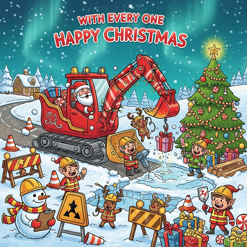 At the top of the Cartoon Style image, withing every one a happy Christmas from district 09 design

A funny, playful Cartoon Style winter worksite at the North Pole, packed with personality: thick black outlines, exaggerated proportions, and bright, saturated reds, greens, golds, and snowy blues. Santa Claus, rosy and grinning, pilots a candy-cane red sleigh that’s been converted into cheerful construction equipment—a sleigh–excavator hybrid with candy cane hydraulic arms, jingle-bell rivets, and twinkling string lights wrapped around the boom. Reindeer in tiny hi-vis vests and jingling hard hats help steady a dangling gift with safety ropes.

Construction elves bustle everywhere: chubby-cheeked, bell-tipped hard hats, striped hi-vis vests, tool belts stuffed with peppermint wrenches and marshmallow mallets. One elf jackhammers a patch of ice with a gingerbread-colored jackhammer that sprays sparkly snow; another directs “traffic” with a peppermint lollipop paddle; another measures a stack of presents like lumber. Road work details are delightfully festive: candy-cane traffic cones, gingerbread barricades iced with “hardware,” and snow-packed trenches shaped like gift ribbons.

A jolly snowman foreman stands front-left, wearing a mini hard hat and scarf, holding a clipboard made of frosted cookie. To the right, a big, twinkly Christmas tree decorated with baubles and blinking hazard-lights, topped with a glowing star. Piles of colorful gift boxes are arranged like building materials. Background: a winding snowy road, cozy village silhouettes, gentle snowfall and a turquoise twilight sky with a faint aurora. Energetic cartoon motion swooshes and sparkles emphasize action and humor.

Include one small, cheeky text gag inside the scene on a roadside sign: Sleighway under construction—expect jolly delays!

Render the top line in bold, playful, candy-cane-striped hand-lettering with a chunky outline and a soft snowy glow so it pops against the sky. Bright, glossy highlights, soft blue shadows in the snow, and high-contrast, feel-good lighting. Wide-angle composition with characters large in the frame; overall mood: whimsical, warm, and hilariously festive.
Generated with these themes: Road work, Construction elves , Santa Claus , Charismas tree, Snow man, Santa's slay as construction equipment, and .
Made with ❤️ by AI.