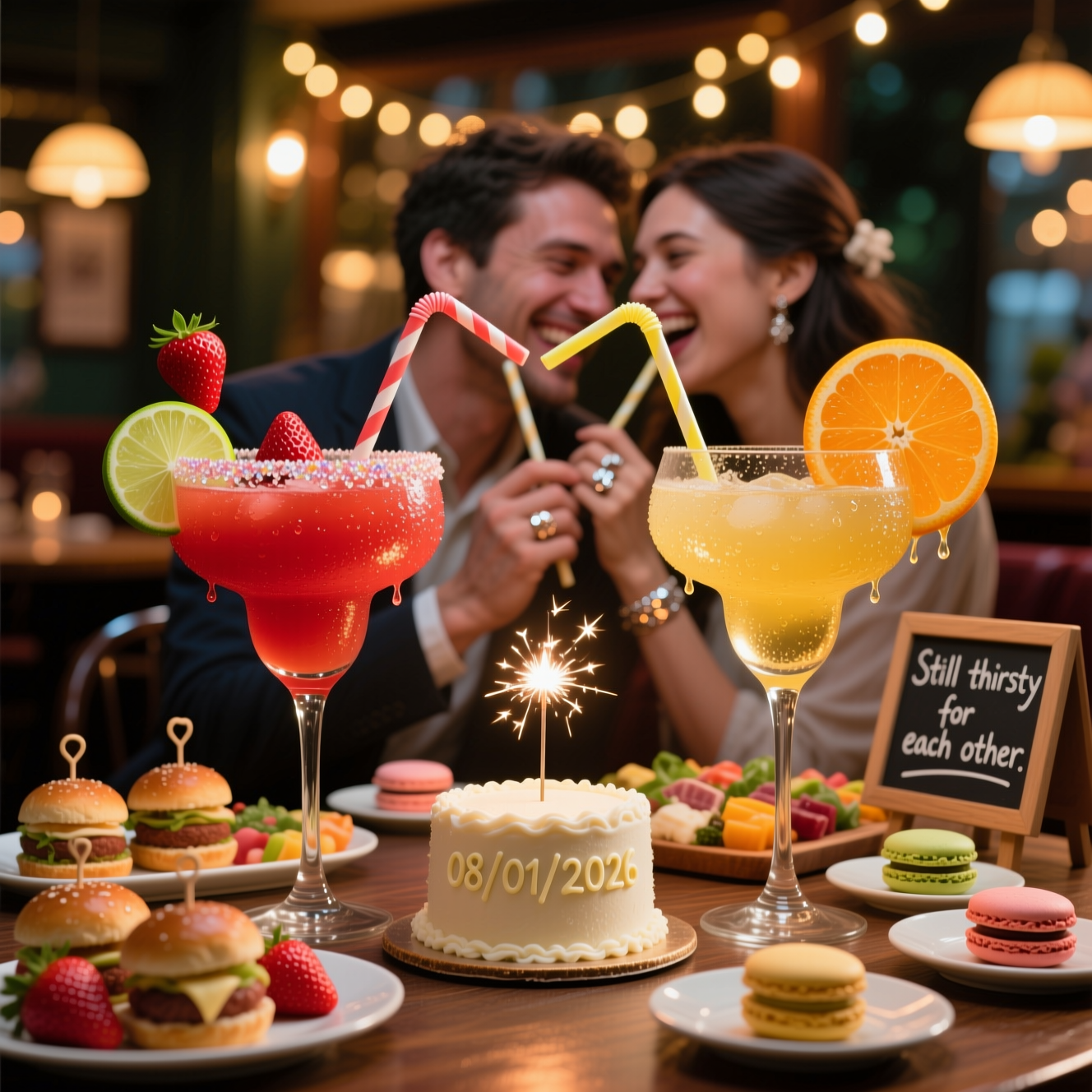 At the top of the Photorealistic picture taken from a camera image, We want you

Ultra-high-definition 4K UHD photograph with accurate lighting, lifelike textures, and rich depth of field: a cozy evening anniversary table at a warm, softly lit bistro. Foreground in sharp focus: two comically oversized cocktails towering over everything—one ruby strawberry margarita with a glittering sugar rim and an absurdly large lime wedge, one golden spritz with a massive orange wheel—both glasses dripping with condensation and reflections, long heart-shaped bendy straws arching toward the center. Between the giant drinks sits a petite frosted cake with a tiny sparkler; “08/01/2026” neatly piped on the icing. Surrounding food spread: playful mini sliders, a colorful charcuterie board, glossy strawberries, and delicate macarons on small plates. In the softly blurred background, a couple laughs as they lean in with extra-long straws, wedding bands catching the light. Warm ambient string lights create cinematic bokeh; natural skin tones; humorous scale contrast. A small tabletop chalkboard sign near the cake (single short line) reads: Still thirsty for each other. Shot from table height on a 35mm lens at f/1.8, crisp highlights, true-to-life colors.
Generated with these themes: Big drinks , Date - 08/01/2026, Food , , and .
Made with ❤️ by AI.