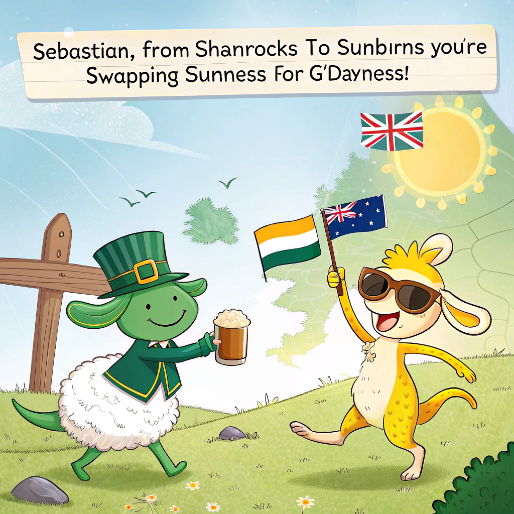 At the top of the image, "Sebastian, from shamrocks to sunburns—you're swapping Guinness for G'Dayness!"

- Illustrate a whimsical cartoon scene featuring two large maps—on the left, Ireland in green with a cute, smiley-faced sheep holding a pint of Guinness and waving; on the right, a sunny yellow Australia with a cheeky kangaroo in sunglasses holding an Aussie flag.

- Between the two countries, draw a colourful signpost planted in the ground with arrows pointing in different directions, labeled: "Ireland (Farewell!)", "Argentina (Not This Time!)", and "Australia (Next Stop, Mate!)"

- The Irish flag is gently fluttering beside the sheep, while the Australian flag waves proudly above the kangaroo.

- Above the whole scene, draw a curved rainbow connecting Ireland and Australia like a flight path, with a tiny airplane zipping across it pulling a banner that reads, "Bye Bye Baaaa!"

- Include some green hills and rolling fields around Ireland’s side, and warm desert tones and a beachy backdrop around Australia’s side.

- Add playful background touches like little shamrocks, eucalyptus leaves, and maybe a pot of gold being swapped for a surfboard at the bottom corner.
Generated with these themes: Leaving Ireland, Irish map, Irish flag, Moving to Australia, Australian map, Australian flag, Drinking Guinness beer, Signpost with Ireland, Argentina and Australia, Farewell, Sheep, and Kangaroo.
Made with ❤️ by AI.