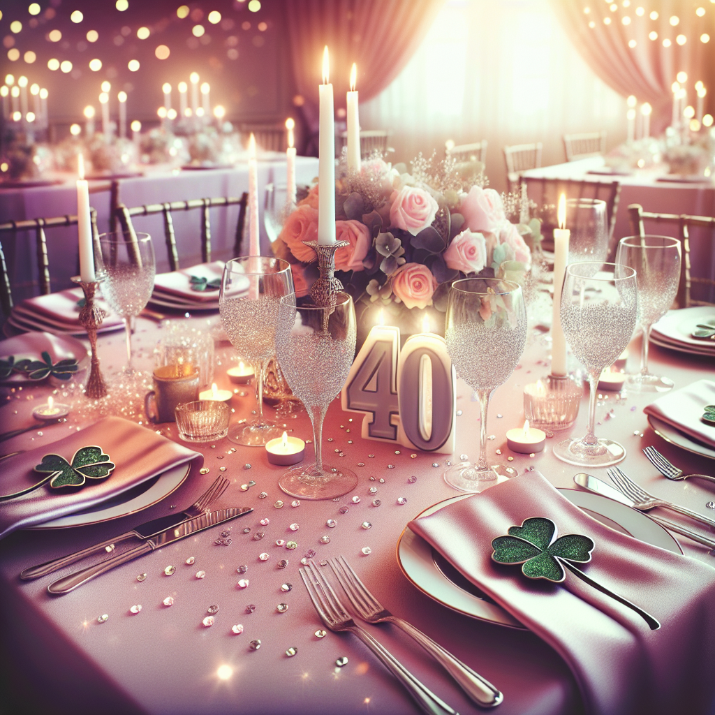 Generate an image of a solemn, realistic birthday celebration for the 40th milestone. The colors of the scene should blend soft pinks and purples, adding a mature and graceful atmosphere. Tables in this scene are adorned with tasteful glitter contributing to the subtle sophistication. Sparkle diamonds are intentionally placed throughout the decoration for a light-capturing effect, creating a quiet sense of joy. Shamrock motifs are discreetly integrated into the design for a touch of Irish luck, symbolizing prosperity and fortitude for the future.
Generated with these themes: 40, Pink and purple , Glitter, Sparkle diamonds , and Shamrock.
Made with ❤️ by AI.