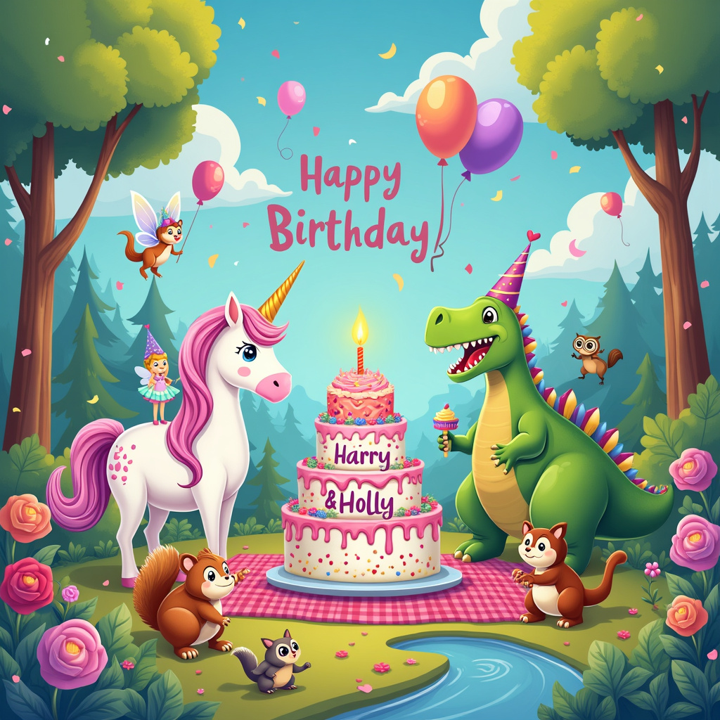 In this whimsical birthday card scene, a fantastical world where unicorns and dinosaurs coexist unfolds before our eyes. Imagine a vibrant, enchanted forest clearing under a brilliantly blue sky adorned with fluffy, cartoonish clouds. 

On the left side of the scene, a graceful, pastel-colored unicorn with a shimmering mane and tail stands proudly. The unicorn’s horn sparkles with a golden hue, and it's wearing a party hat with polka dots. Perched on the unicorn's back is a small, cheeky fairy waving a tiny wand that shoots out confetti.

To the right, a friendly, green dinosaur with a comically oversized head and short arms is sitting on its haunches. This dinosaur is also festooned with a birthday hat, and it holds a giant cupcake in its tiny arms, complete with a single lit candle.

In the center of the scene, a large, three-tiered birthday cake sits atop a red and white checkered picnic blanket. The cake is adorned with rainbow-colored frosting and sprinkles. On the middle tier, written in bright, cheerful letters, are the names "Harry & Holly," with little hearts and stars around the text.

Around the cake, a group of unicorns and dinosaurs of various shapes and sizes are gathered, all celebrating together. Some unicorns are flying slightly above the ground, thanks to their magical wings, while a few dinosaurs are dancing with glee, their tails swishing in delight.

Above the scene, in the sky, colorful balloons spell out "Happy Birthday" in large, bold letters. Each balloon is attached to a string that is held by a different animal—one by a playful squirrel, another by a mischievous raccoon, and a third by a curious owl.

In the background, towering candy-cane trees and lollipop flowers dot the landscape, adding to the fantasy element. A gentle stream, sparkling like liquid crystal, meanders through the scene, with a small bridge where another pair of unicorns and dinosaurs are crossing, heading towards the celebration.

The entire scene is bordered by a frame of swirling, magical dust, glimmering with shades of gold and silver, giving the whole card a festive, enchanting vibe that captures the essence of a truly magical birthday celebration.
Generated with these themes: Unicorns, and Dinosaurs .
Made with ❤️ by AI.