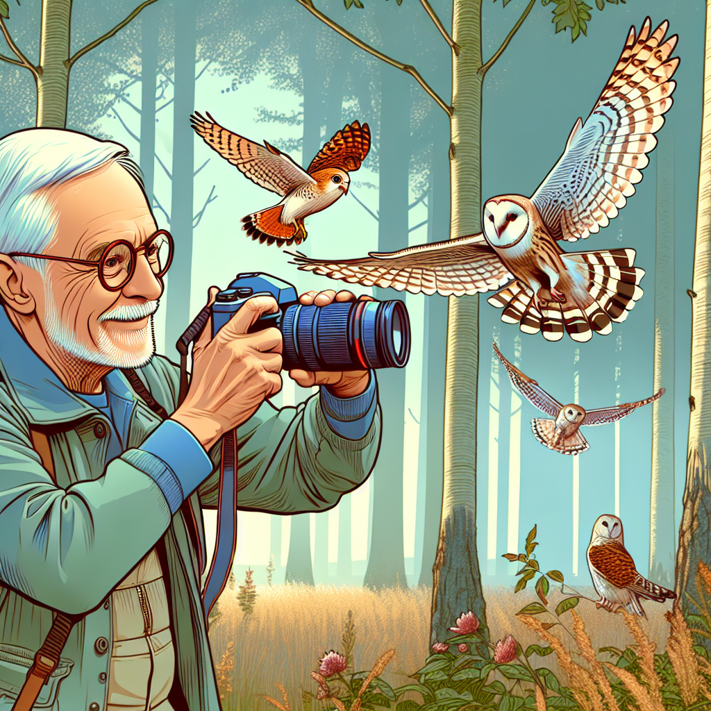 Create a heartwarming illustration of an elderly, Caucasian male from UK, serving as a wildlife photographer, noted for his round glasses and lack of a moustache. This dedicated man is completely immersed in a tranquil forest habitat, with majestic trees enveloping the area. He is occupied with the act of capturing the breathtaking beauty of kestrels and owls in mid-flight, a poignant tribute to their elusive grace. The birds' elegant movements in flight evoke feelings of freedom and wonder. Use soft and earthy tones to convey a serene ambience and to subtly hint at the photographer's silent 'thank you' to Mother Nature.
Generated with these themes: Elderly white uk male photographer with round glasses no moustache photographing kestrels and owls in the wild. Trees .
Made with ❤️ by AI.