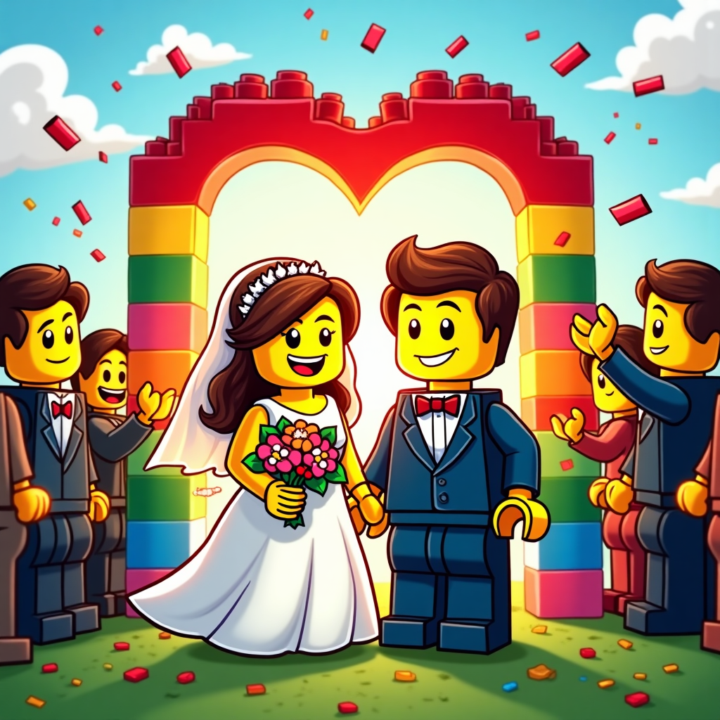 At the top of the Cartoon Style image, write in bold playful bubble letters: **Anna and Ben, You’re Now Officially Brick-Together Forever!**  

A cute, colorful cartoon scene of a Lego-themed wedding: two smiling Lego bride and groom characters with oversized expressive eyes and joyful grins, standing at the altar made of stacked rainbow-colored Lego bricks. The bride wears a flowing Lego-style gown with blocky flower bouquet, and the groom in a tiny Lego tuxedo with a bow tie. Surrounding them are happy Lego guests with exaggerated waving arms, tossing little Lego brick confetti in the air. A Lego heart-shaped archway rises behind them, glowing with bright reds and pinks. The background is a sunny sky with cartoonish fluffy clouds, and the ground looks like a playful Lego baseplate in cheerful greens. Thick black outlines, bright saturated colors, and a whimsical, lighthearted mood.  

Optional small caption at the bottom in quirky handwritten text: **"Love clicks perfectly."**
Generated with these themes: Lego wedding , and .
Made with ❤️ by AI.