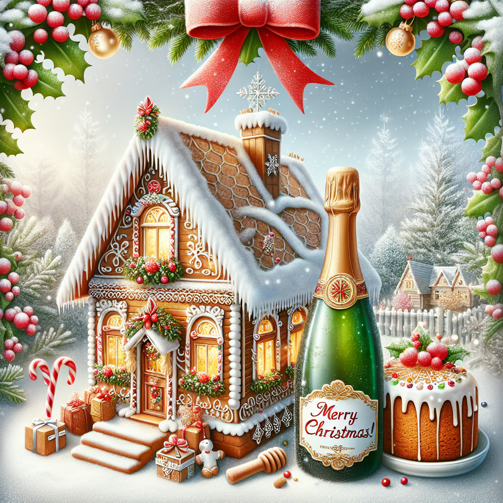 A quaint, snow-covered gingerbread house with a Russian Honey cake presented at its front door, detailed with icing and festive holiday accents. Next to it, a bottle of champagne is tied with a red ribbon bow, cork popped and ready to celebrate. The scene is framed with holly berries and 'Merry Christmas!' sits atop like a star on a Christmas tree.
Generated with these themes: Russian Honey cake, and Champagne.
Made with ❤️ by AI.