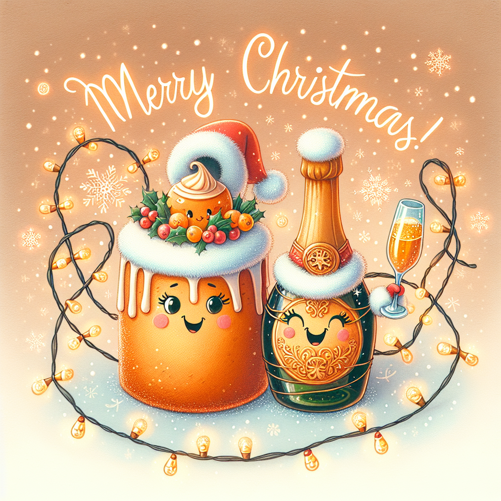 A whimsical illustration featuring an anthropomorphic Russian Honey cake and champagne bottle, both adorned with cute, smiling faces and Santa hats. They're surrounded by soft snowflakes and wrapped in a gentle, glowing garland. 'Merry Christmas!' is written in the sky as if by the trail of a magic wand, enhancing the joyous atmosphere.
Generated with these themes: Russian Honey cake, and Champagne.
Made with ❤️ by AI.