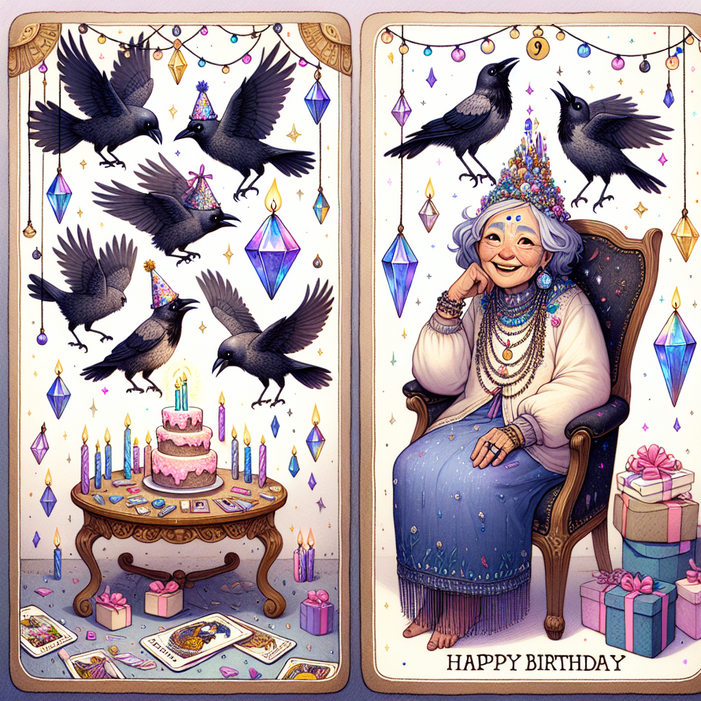 Create a birthday-themed cozy illustration featuring a South Asian granny with twinkling eyes, surrounded by a harmonious medley of shimmering crystals that create a magical aura. Above her, depict a playful murder of crows, each accessorized with tiny cute bows, frolicking among strings of fairy lights. The birds are shown dropping birthday gifts that gracefully descend onto a sumptuous armchair. On this chair lies an open tarot deck, and each card is carefully illustrated to showcase birthday symbols like cakes and candles.
Generated with these themes: Tarot, Crows, Crystals, and Granny.
Made with ❤️ by AI.