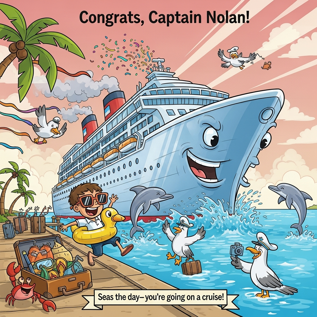 At the top of the Cartoon Style image, "Congrats, Captain Nolan!"

A big, bold, funny cartoon scene: a colossal, gleaming cruise ship with a goofy smiling face and chunky black outlines, blasting rainbow confetti from its smokestacks. Bright turquoise water with splashy highlights; dolphins leaping and high-fiving; seagulls in captain hats, one wobbling with a tiny suitcase; a cheeky crab snapping a selfie with a mini camera. On the pier, an excited kid in oversized sunglasses and a rubber-duck floatie jumps mid-air beside a suitcase bursting with snorkel gear and flip-flops. Palm trees sway, streamers flutter, sunbeams streak across a pink-to-orange sky. Exaggerated proportions, saturated colors, energetic, playful composition, minimal shadows, crisp outlines, and plenty of open sky for the headline.

At the bottom of the image, a small playful ribbon caption reads: "Seas the day—you’re going on a cruise!"
Generated with these themes: .
Made with ❤️ by AI.