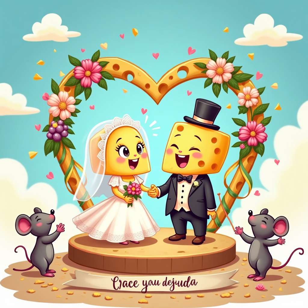 At the top of the Cartoon Style image, "Congratulations both on your wedding day!"

A cute, playful Cartoon Style wedding scene with bright saturated colors, thick bold outlines, and whimsical energy. Center stage: two anthropomorphic cheese characters as a happy couple—one a creamy brie wedge bride with a lacy veil and tiny bouquet, the other a sunny cheddar wedge groom with a dapper bow tie and mini top hat. Exaggerated proportions (big expressive eyes, rosy cheeks, wide smiles, tiny feet), holding hands in an energetic, joyful pose beneath a heart-shaped arch made of Swiss-cheese holes intertwined with pastel flowers and ribbons. Confetti of tiny hearts and little cheese triangles floats around them. They stand on a wooden cheeseboard dais shaped like a heart, sprinkled with cute crackers and a few grapes. In the background, a bright blue sky with puffy cartoon clouds, sparkles, and swirls for motion; a couple of adorable mouse guests in bow ties toss confetti and cheer. Portrait composition with lots of airy space; flat shading with glossy highlights; ultra-cute mood.

At the bottom of the Cartoon Style image, small hand-lettered caption on a ribbon: "So gouda together!"
Generated with these themes: Cheese, love, happy couple, and .
Made with ❤️ by AI.