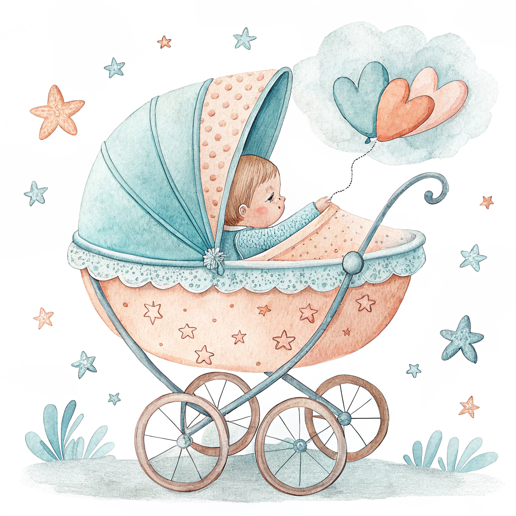 White background, watercolour pram, and New-baby Card