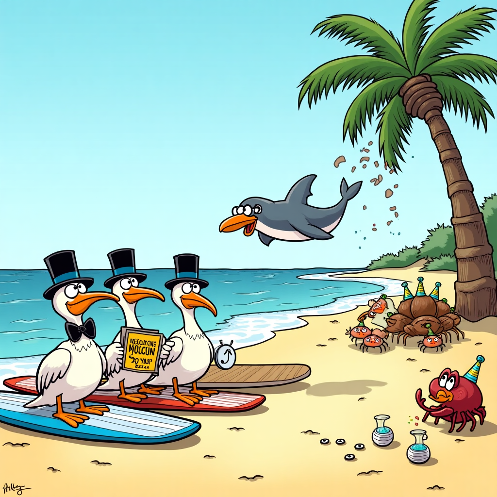 The scene unfolds on a sun-kissed, slightly exaggeratedly whimsical Hilton Head Island beach where an eclectic group of characters is ready to ring in the New Year. Inspired by Charles Schulz's "Peanuts," a small group of anthropomorphic pelicans don top hats and bow ties, their eyes wide with excitement and a bit of mischief. These pelicans are perched on surfboards lined up along the shore, as if anticipating a spectacular wave to carry them into the New Year.

In the style of Walt Disney, a charmingly round-faced sea turtle with glasses, reminiscent of a friendly professor, sits beside them with a notebook labeled "Resolutions." In his flipper, he holds a quill fashioned from a seagull feather, pondering his list with a thoughtful expression.

Channeling Bill Watterson's humor, a cheeky dolphin leaps from the water, holding a clock that's wildly ticking towards midnight. The dolphin's face is animated with anticipation, and in mid-air, it's throwing confetti made of colorful seaweed.

Nearby, in a nod to Osamu Tezuka's vibrant storytelling, a palm tree leans into the frame. Its coconuts have been festooned with googly eyes and party hats, seemingly watching the festivities unfold.

Further in the background, a homage to Gary Larson’s surrealism, a group of sand crabs form a makeshift band with shells and driftwood, their pincers clinking glasses of bubbly sea foam in celebration.

Lastly, in a corner of the card, a small message in the style of Hergé's clear lines and humor reads: "Welcome 2024! May your tides be kind and your sun always shining!" This quirky New Year's scene blends the beachy charm of Hilton Head with an animated, festive spirit, drawing from the distinctive elements of beloved cartoonists to craft a narrative full of visual surprises and whimsical details.
Generated with these themes: hilton head island.
Made with ❤️ by AI.