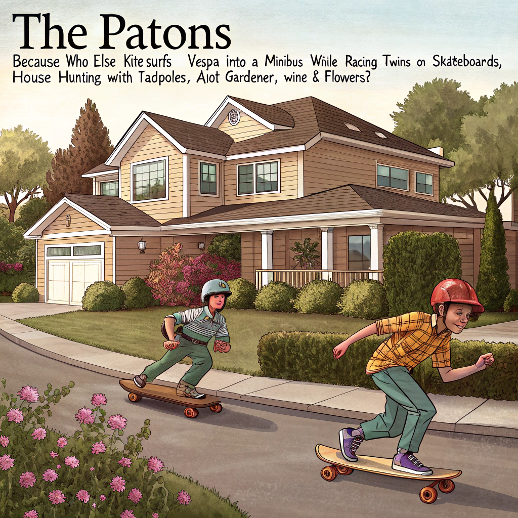At the top of the image, "The Patons: Because who else kite-surfs a Vespa into a minibus while racing twins on skateboards, house-hunting with tadpoles, a hot gardener, wine & flowers?"  

**Visual Prompt:**  
Create a highly detailed and humorous realistic photograph scene. In the foreground, two identical twin boys on skateboards are zooming down a driveway of a newly built suburban house, one holding a glass of wine and the other clutching a bunch of wildflowers. Just behind them, a cheerful little girl rides a tadpole-shaped scooter while grinning mischievously.

In the background, a sun-kissed, muscular hot gardener wearing tiny shorts is trimming rose bushes with theatrical flair, clearly aware of being admired. Above, someone in a wetsuit is kite-surfing through the air — except instead of a surfboard, they are clutching a bright red Vespa scooter that has somehow become airborne. A comically confused minibus filled with cheering family members watches the spectacle from the side of the road, adding chaos and celebration to the scene.

Everything is bathed in golden late-afternoon light, creating a jubilant mood that suggests this may be the strangest and best housewarming slash life achievement party in history.
Generated with these themes: Kite surfing, Racing bike, Tadpoles, Skateboard, New house, Hot gardener, Minibus, Vespa, Boys twins, Little girl, Wine, and Flowers.
Made with ❤️ by AI.