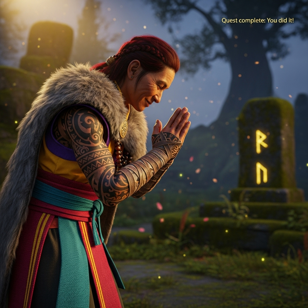 Ultra-high-definition 4K UHD photorealistic scene, captured like a real camera shot with a full-frame sensor and a 50mm lens at f/1.8. In a twilight fantasy clearing of mossy basalt ruins and faintly glowing runes, soft golden rim light and cool ambient fill create natural, accurate lighting and rich depth of field. Center-left, an adult warrior-monk with dark tanned skin and dark red (auburn) hair in a loose braid stands in a respectful martial arts fist-to-palm salute, mid-bow, wearing a soft fur mantle draped over vibrant, colorful woven garments (teal, crimson, and gold). Traditional Hawaiian/Polynesian tattoo motifs in black ink wrap the shoulder, chest, and forearms, clearly visible and finely detailed. The subject’s expression is warm and sincere—proud eyes, gentle smile—conveying heartfelt congratulations. Air filled with subtle floating firefly-like motes and a few drifting flower petals; shallow bokeh background of ancient trees and light shafts. Extreme texture fidelity: skin pores, tattoo ink, fabric weave, leather wraps, individual fur strands. Natural color grading, realistic shadows, no harsh vignette, no logos.

Small on-image caption (discreet, top-right, warm white sans-serif with a soft gold glow, minimal drop shadow): “Quest complete: You did it!”

Render with lifelike textures, accurate lighting, and true-to-life contrast; maintain a sincere mood and realistic style. No additional text.
Generated with these themes: Fantasy Settings, Furs over colorful clothing, Dark red hair, Dark tanned skin, Martial arts, Hawaiian tattoos, and .
Made with ❤️ by AI.