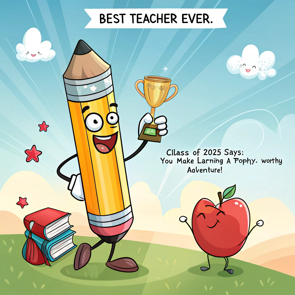 At the top of the image, "Best Teacher Ever":

At the bottom of the image, add "Class of 2025 says: You make learning a Trophy-worthy adventure!"

- In the center of the image, illustrate a cartoon-style scene featuring a charmingly oversized pencil with a big, bright smile, holding up a shiny trophy with both erasers. The trophy is labeled "Best Teacher Ever," and next to the pencil, a cheerful apple character joins in the celebration, waving a small flag with "Class of 2025" written on it. The background bursts with playful, colorful confetti, enhancing the jubilant mood.
Generated with these themes: .
Made with ❤️ by AI.