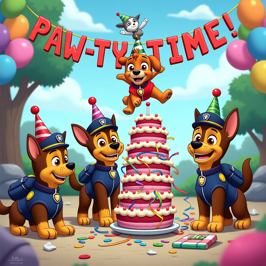 **Image Prompt:**

A cartoon-style scene of a birthday party gone hilariously wrong in Adventure Bay! The Paw Patrol pups are dressed in over-the-top party gear—Rubble wearing a cake on his head instead of a party hat, Chase tangled up in streamers, and Marshall trying (and failing) to balance a towering stack of birthday cupcakes. Skye is flying overhead, accidentally dropping a present that bonks Ryder on the head (harmlessly, of course!). Balloons are everywhere, with one shaped like Mayor Humdinger floating away with his hat. In the background, a birthday banner reads "PAW-TY TIME!" with some of the letters hanging sideways. Everyone's laughing—even the cat. The whole scene is colorful, chaotic, and joyfully silly!
Generated with these themes: paw patrol.
Made with ❤️ by AI.