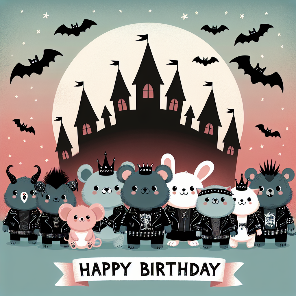 A whimsical birthday illustration featuring a cute menagerie of cartoon animals dressed in death metal attire, complete with leather jackets and studded bracelets. In the background, the iconic outline of Bran Castle, a symbol of Romania, adds a contrast to the soft pastel colors typically associated with a birthday. Dark, gothic font spells out 'Happy Birthday' beneath a sky filled with bats and a blood-red full moon.
Generated with these themes: Death metal, and Romania.
Made with ❤️ by AI.
